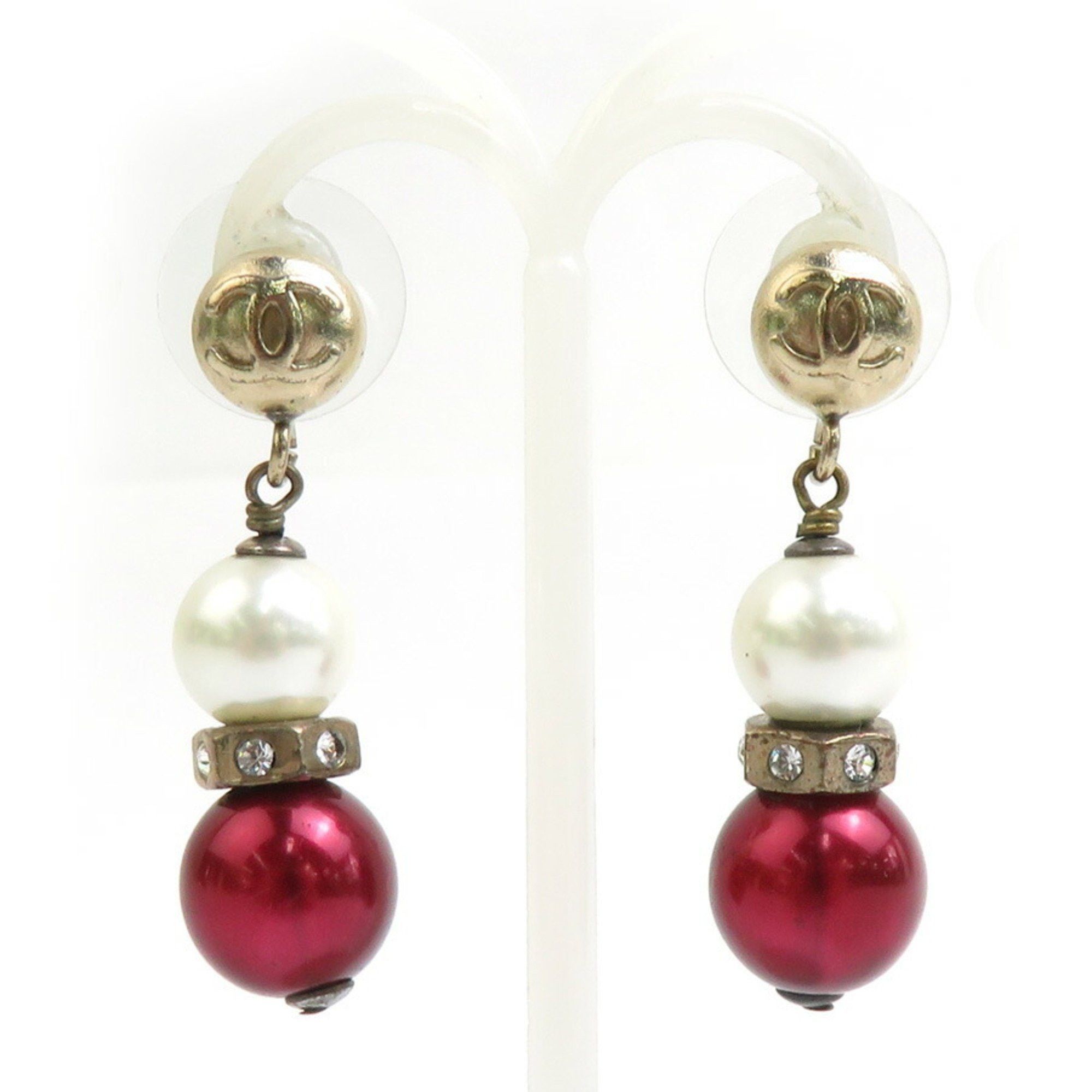 Chanel CHANEL Earrings Coco Mark Metal Faux Pearl Gold Off-White Burgundy Women's e60465g Size ONE SIZE - 1 Thumbnail