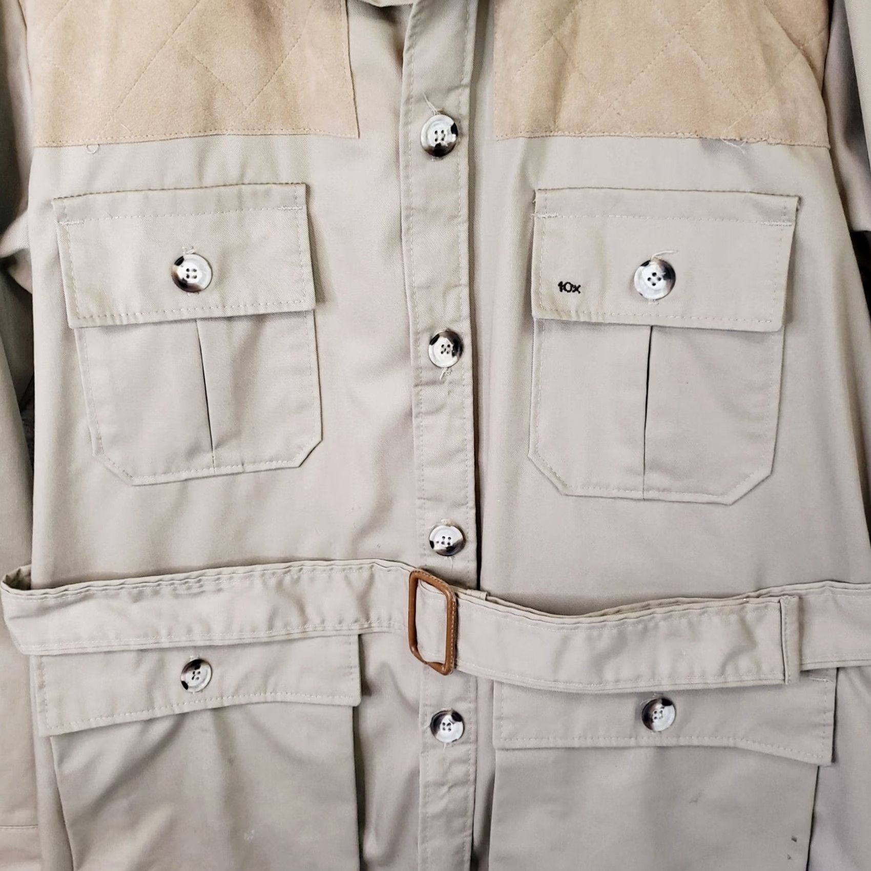 J Brand VINTAGE 10X Brand Hunting Safari Jacket Four Pocket Brown Cotton Leather Shoulders L Regular Mens Winter Outdoor Workwear - Shirt? Size US L / EU 52-54 / 3 - 7 Thumbnail