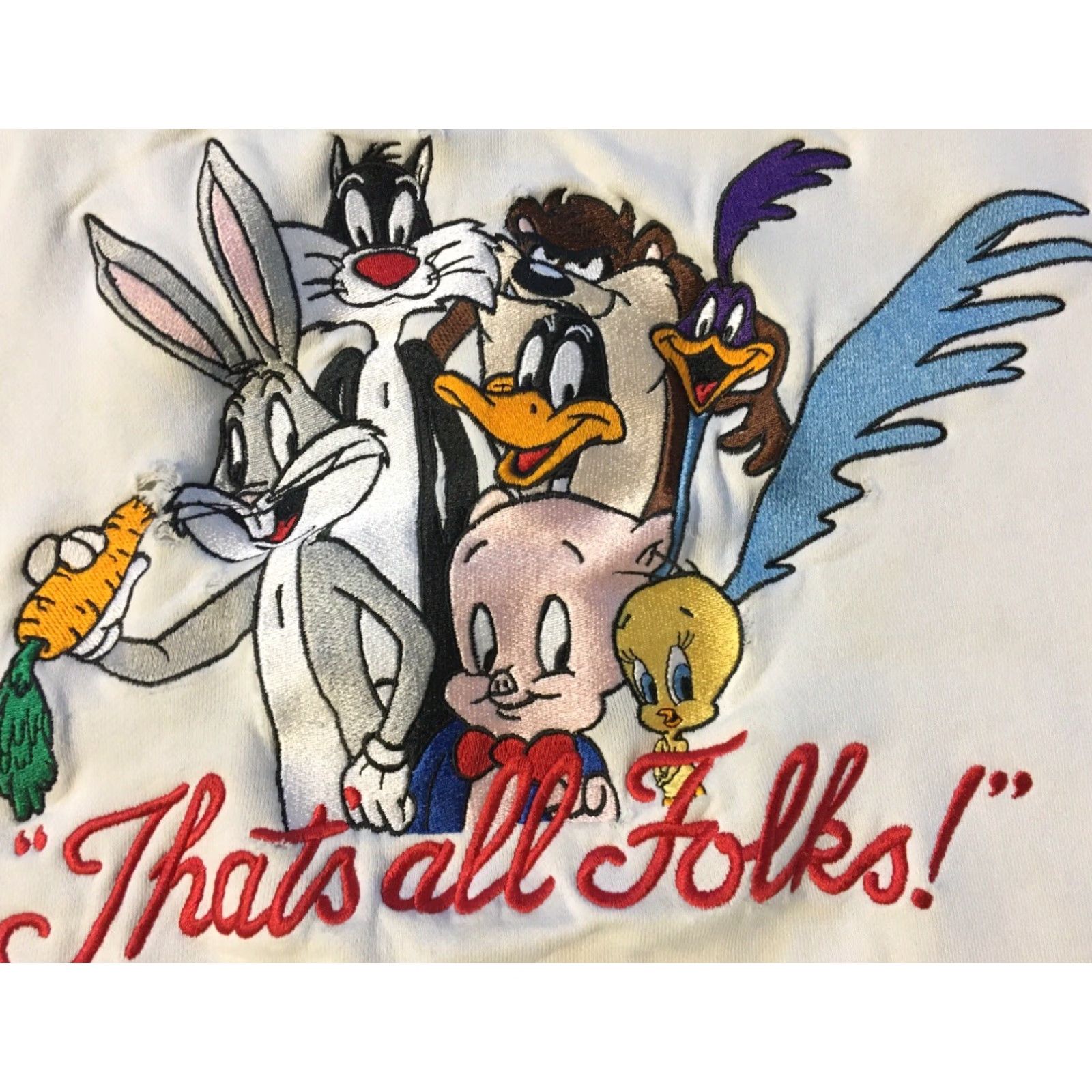 Vintage VINTAGE Looney Tunes Sweatshirt Boxy XL White Embroidered 90s Thrashed Faded Distressed Pullover Hoodie Mens Nike? Wait no. Size US XL / EU 56 / 4 - 2 Thumbnail