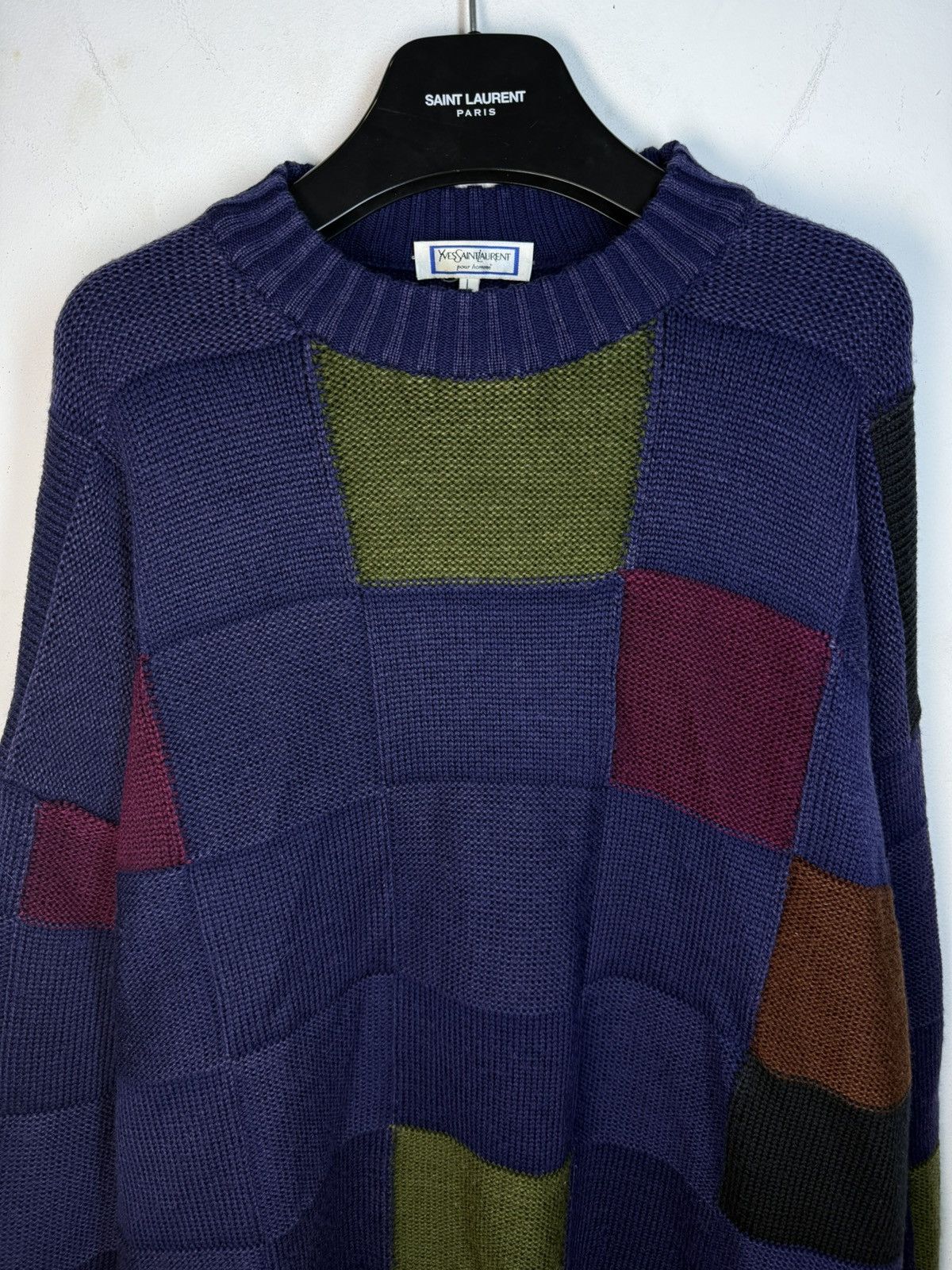 Yves Saint Laurent 🇮🇹 90s Wool YSL Sweater Knit Patchwork Saint Laurent Paris Size US L / EU 52-54 / 3 - 6 Thumbnail
