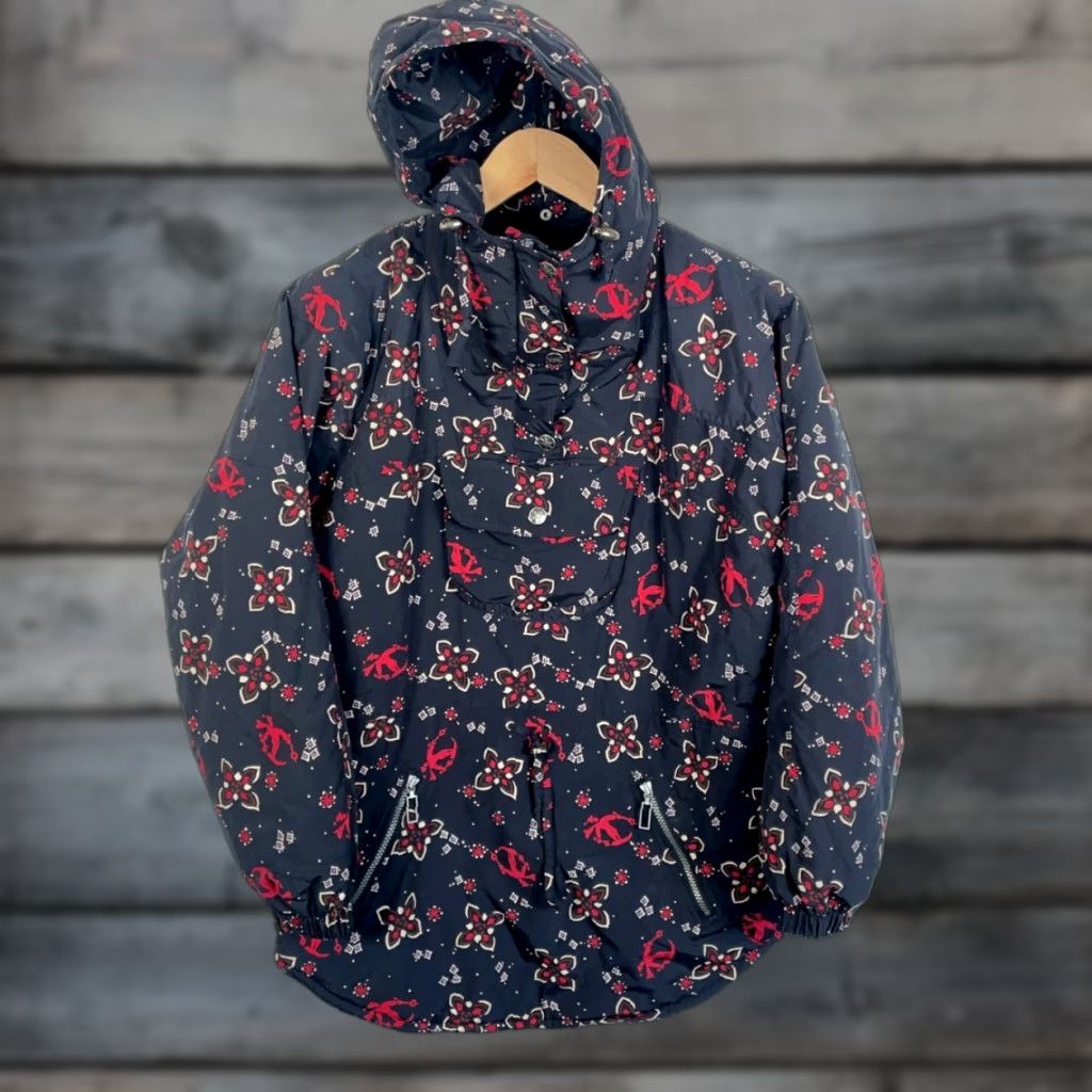 Vintage L.L. Bean Jacket Women's Large Black 1/4 Zip Hooded Anorak Geometric Nylon Size L / US 10 / IT 46 - 1 Thumbnail
