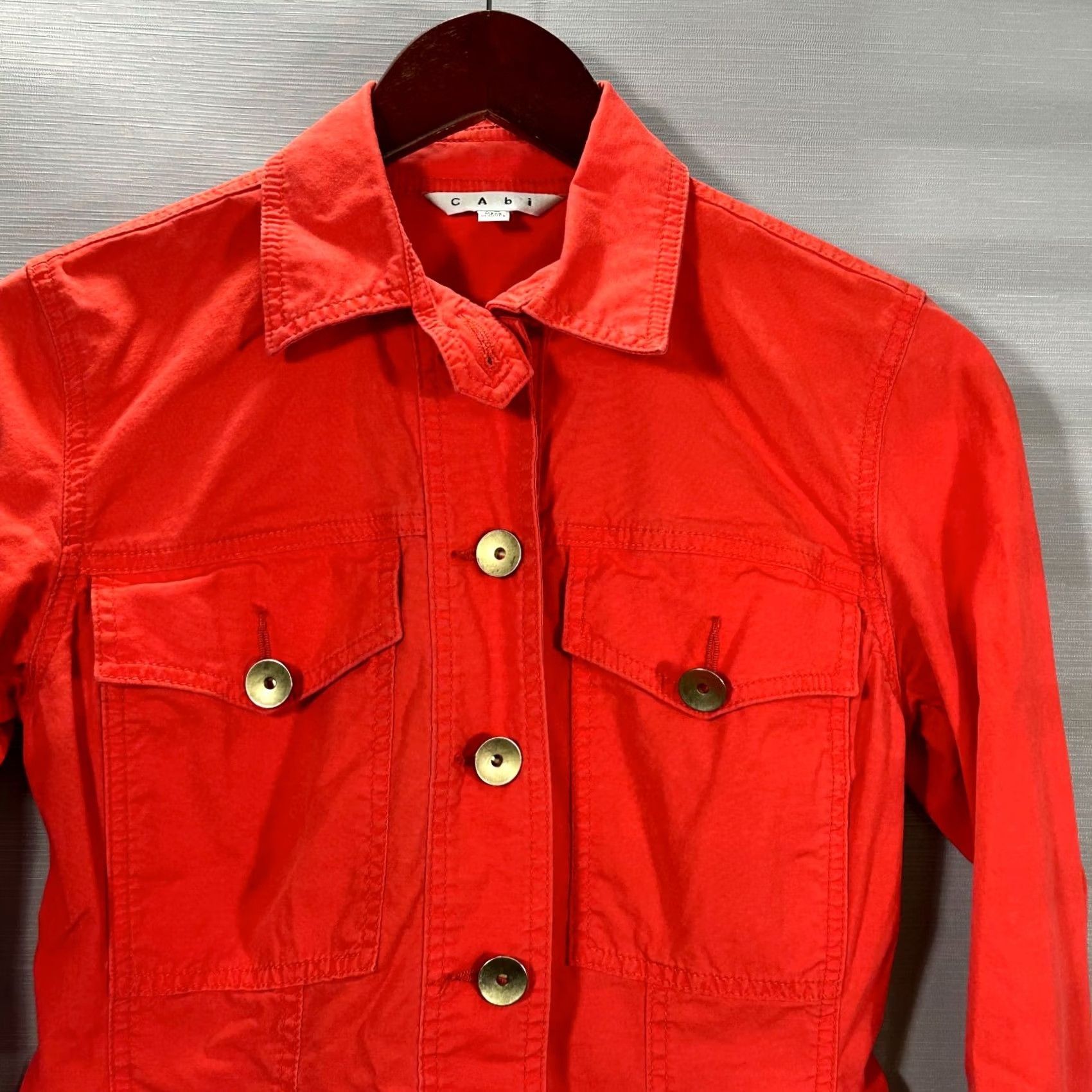 Vintage CAbi 727 Jacket Womens XS Taylor Utility Ruffle Back Button Lobster Red Pockets Jacket Size XS / US 0-2 / IT 36-38 - 2 Thumbnail