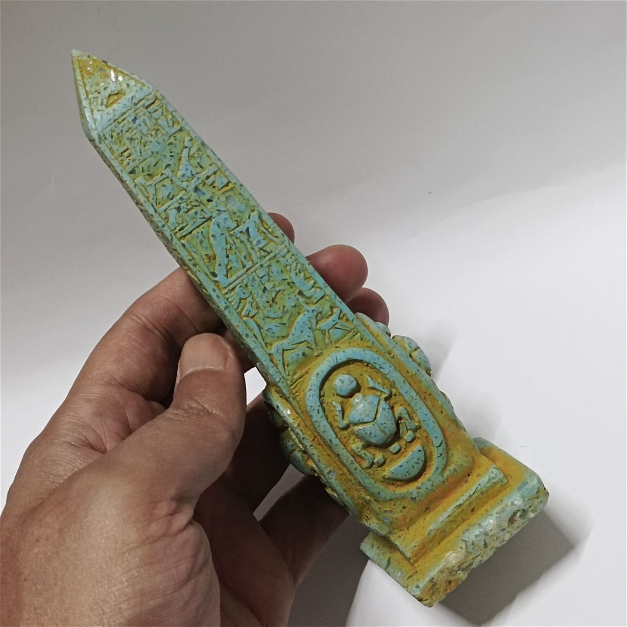 Replica Egypt obelisk with carved hieroglyphs made from rare