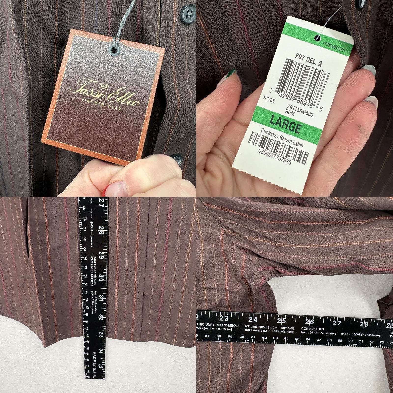 Tasso Elba Tasso Elba Dress Shirt Mens Large Brown Stripe Cotton Button-Down Long Sleeve Size 42R - 8 Thumbnail