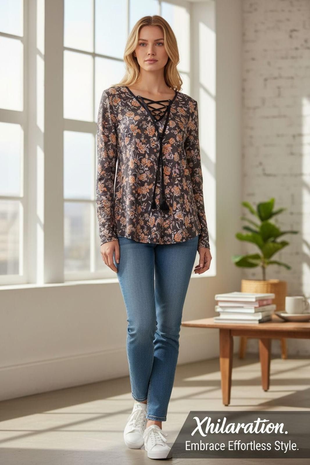 Other Xhilaration Women's Floral Lace-Up Long Sleeve Blouse Size S / US 4 / IT 40 - 1 Thumbnail