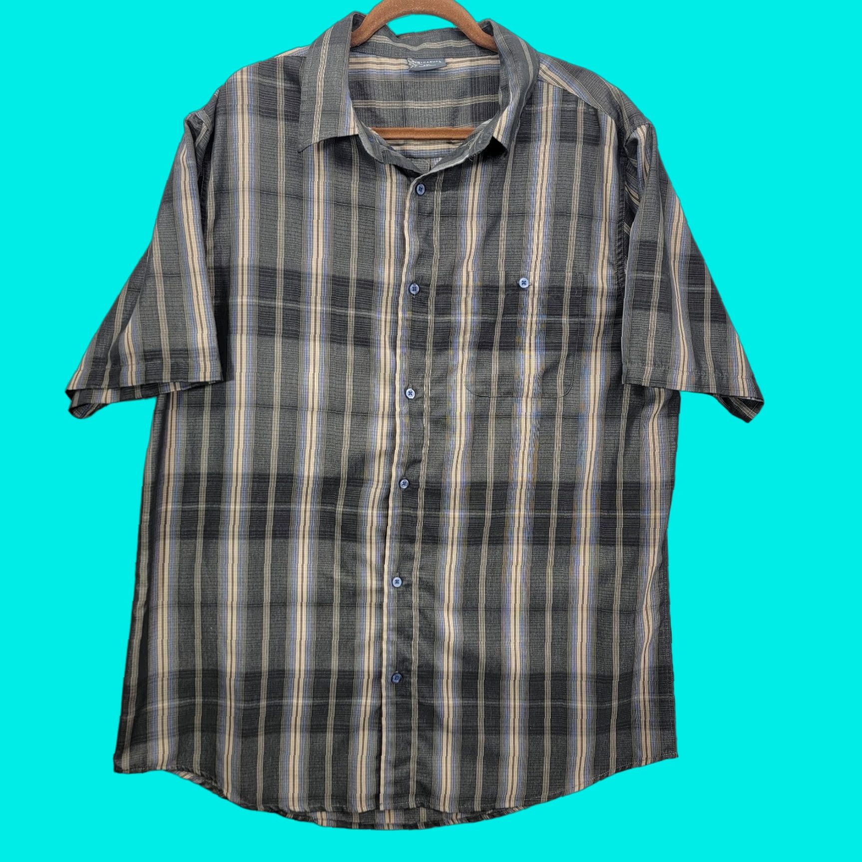 Vintage R&R Casuals Shirt Men's 2XL XXL Button-Up Plaid Polyester Gray Blue Beige Classic Summer Casual Formal Womens Mens Boys Girls Size US XXL / EU 58 / 5 - 1 Thumbnail