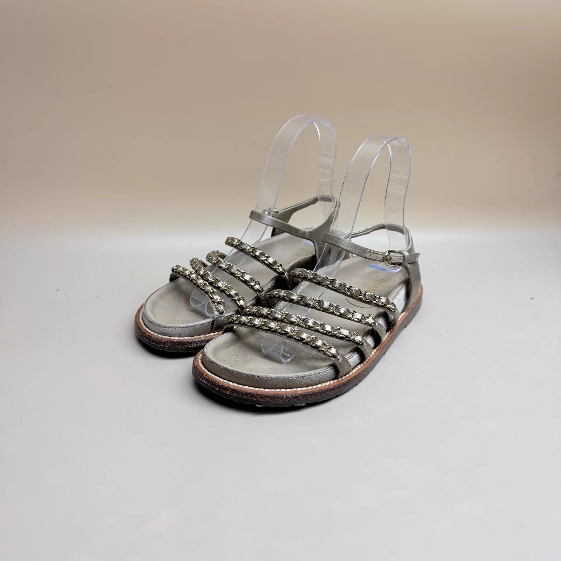 Chanel CHANEL Women's Champagne Chain Sandals 35 MINT Size US 4.5 / IT 34.5 - 1 Thumbnail