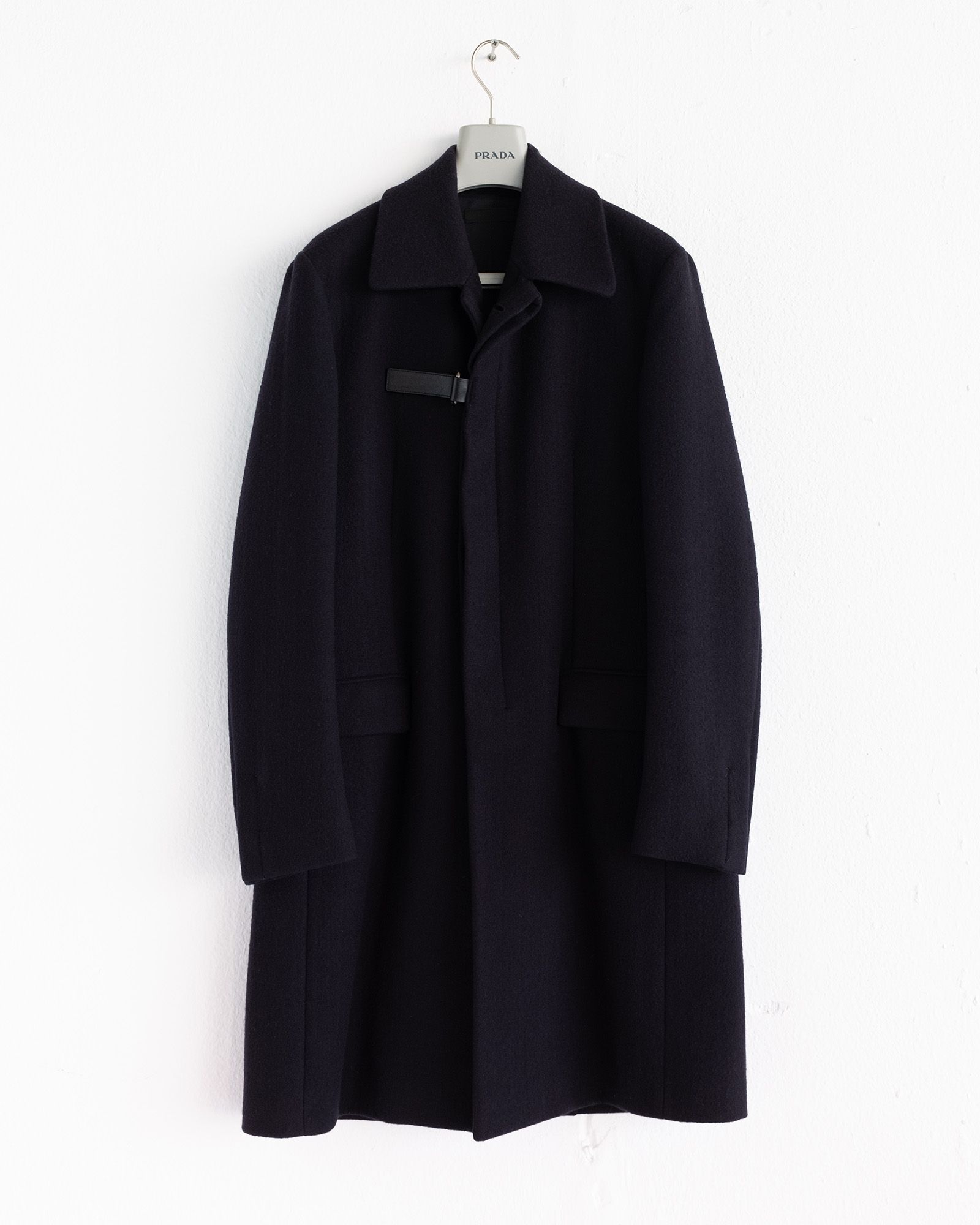 Pre-owned Prada Aw 99 Wool Overcoat With Leather Strap Closure In Black