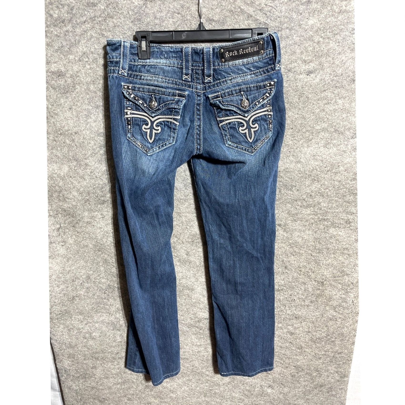 Vintage Rock Revival Jeans 29 Noelle Y2K Western Moto Americana Rockabilly Bootcut Denim 5-Pocket Womens Regular Size 29 Blue Solid Studded Button Zip Size 29" - 3 Thumbnail