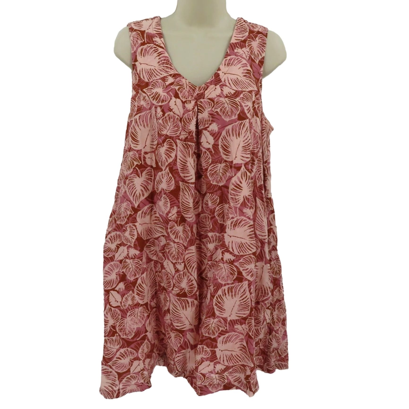 Vintage Tahari Dress Women's Medium Pink Linen Sundress V-Neck Sleeveless Pockets Floral Tropical Leaf Size M / US 6-8 / IT 42-44 - 2 Thumbnail
