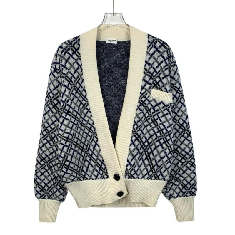 Yves Saint Laurent YSL Color-blocked Wool Cardigan for Women 0089 Size L / US 10 / IT 46 - 1 Thumbnail