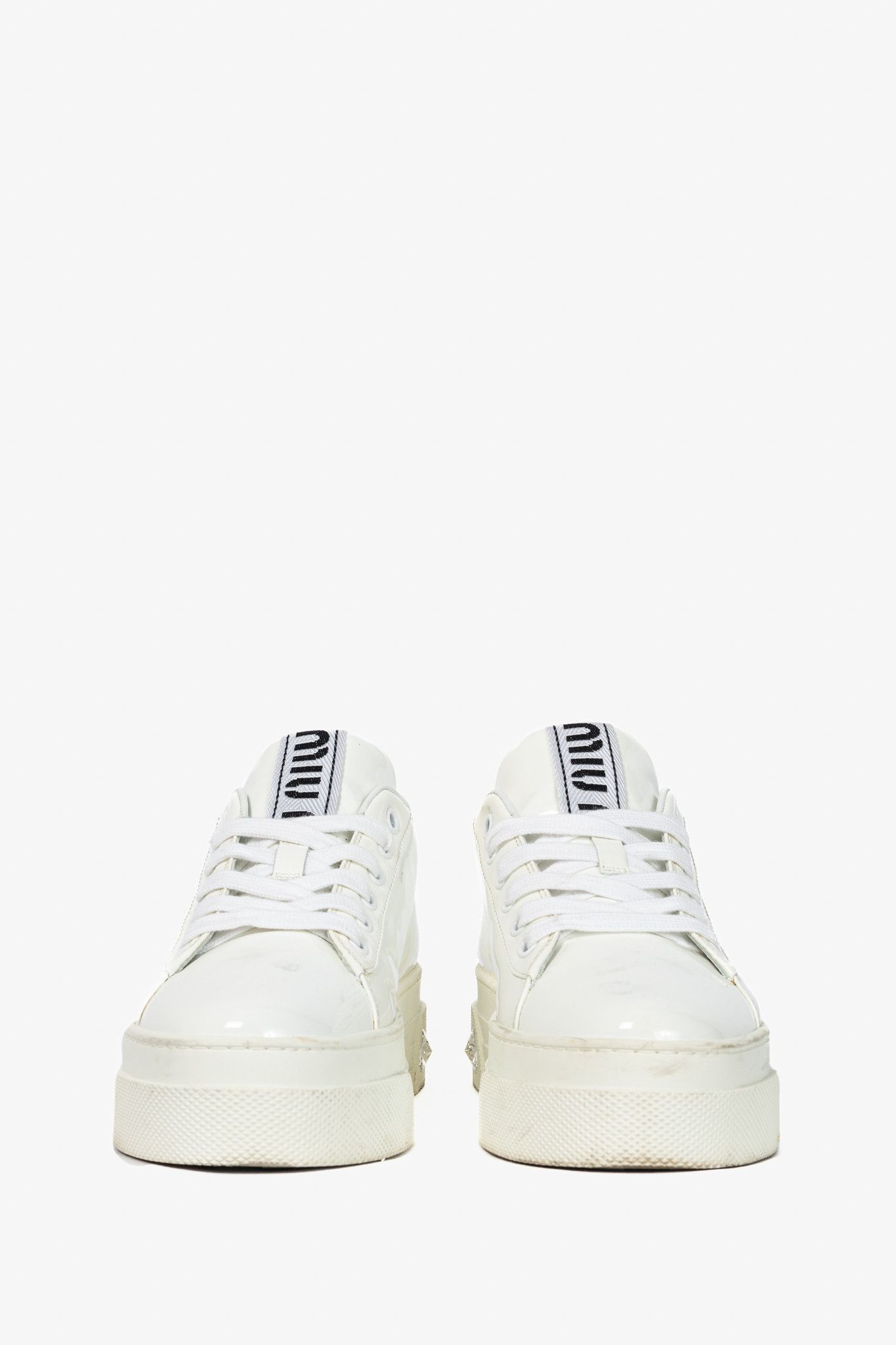Miu Miu Miu Miu White Patent Crystal-Platform Lace-Up Sneakers Size US 5.5 / IT 35.5 - 2 Thumbnail
