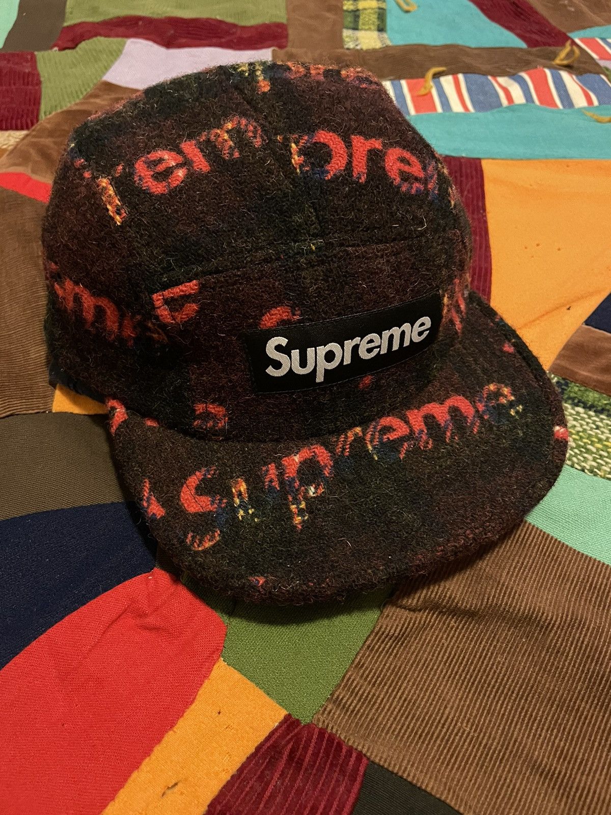 Supreme Supreme Harris Tweed Camp Cap Hat Red Flannel FW18