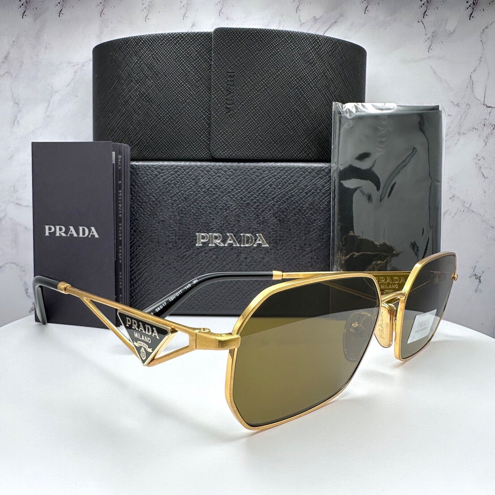 New Prada Sunglasses Gold Metal Black Plaque Triangle Logo