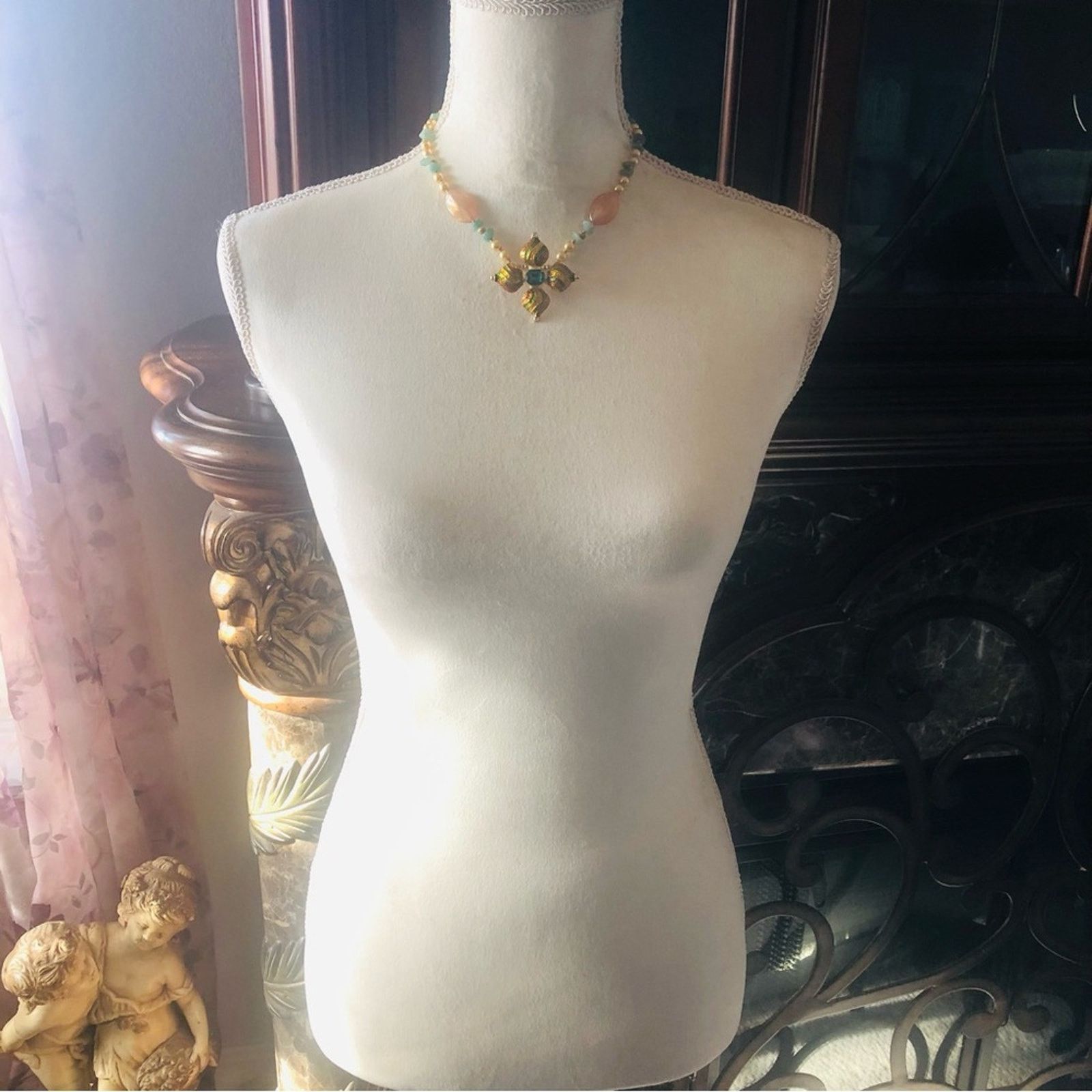 Handmade Handcrafted repurpose elegant stone enamel Pearl necklace Size ONE SIZE - 5 Thumbnail