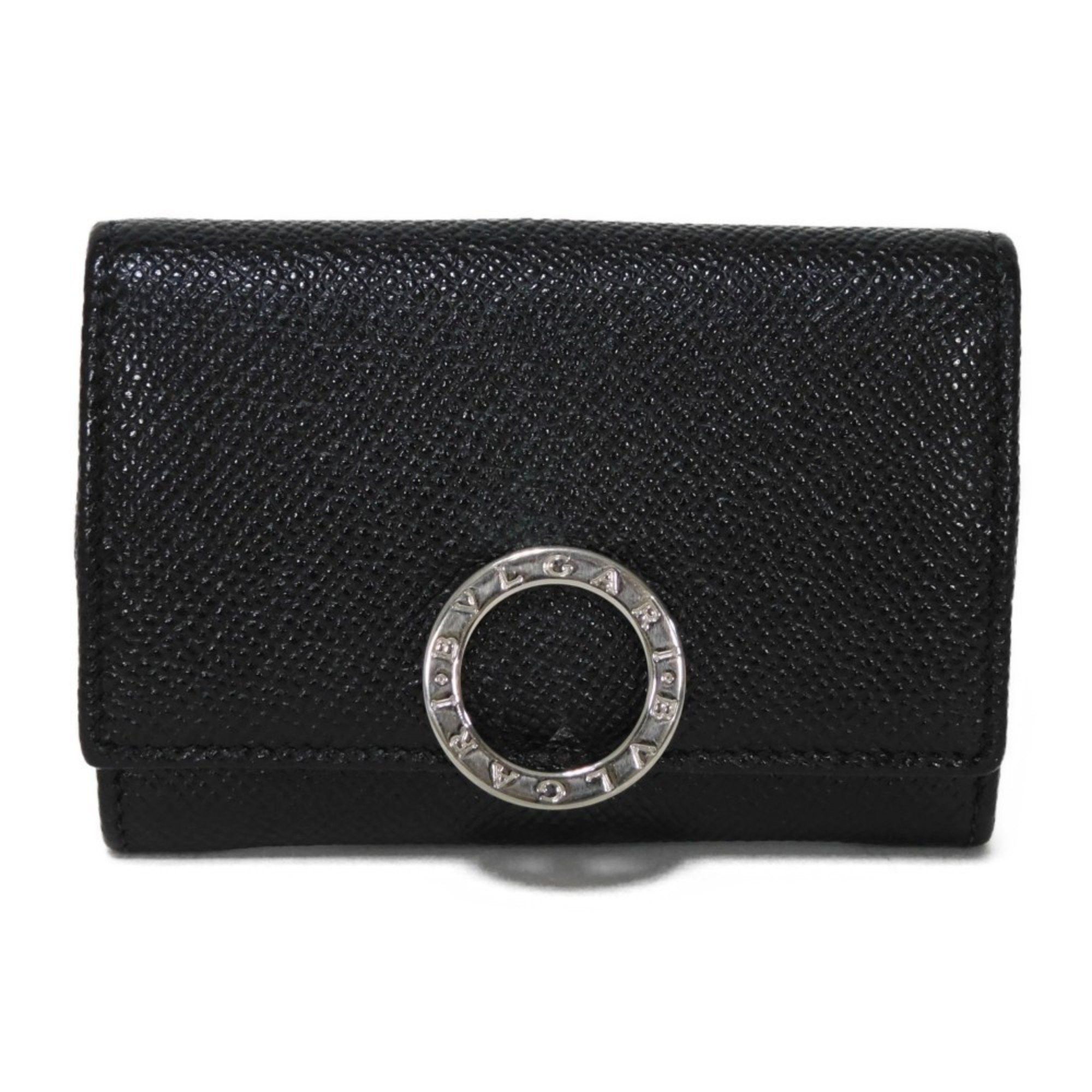 Bvlgari Coin Case Clip Purse Grain Calf Blue Card Rfid Double Ring Black 33749 Men's Women's