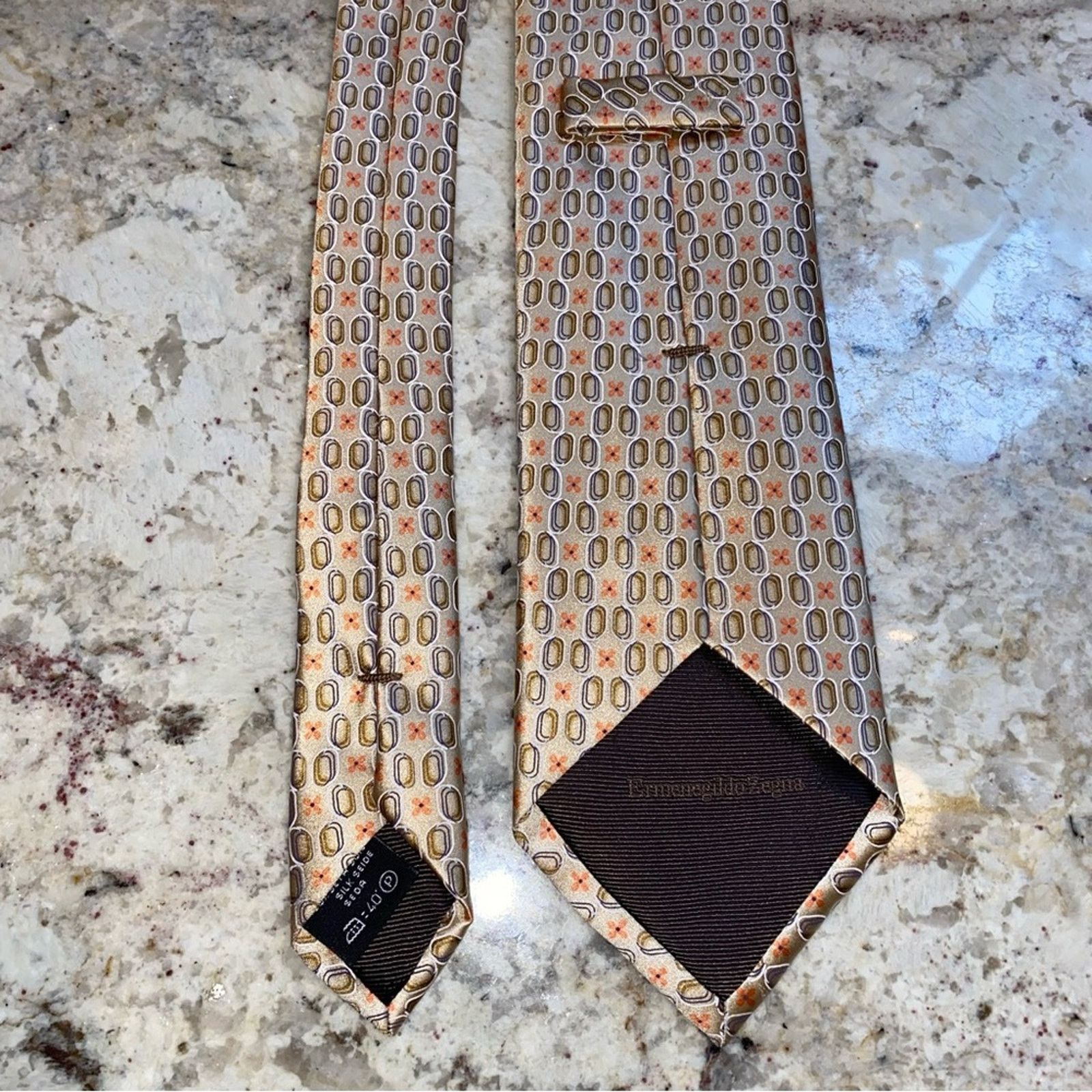 Ermenegildo Zegna $220 Ermenegildo Zegna 100% Silk Tie Italy Tan Orange Print Size ONE SIZE - 6 Thumbnail