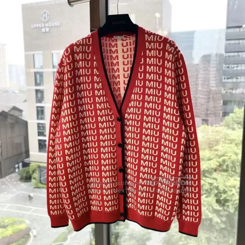 Miu Miu Miu Miu Red Wool Cardigan with Logo Print . Size XXS / US 00 / IT 34 - 1 Thumbnail