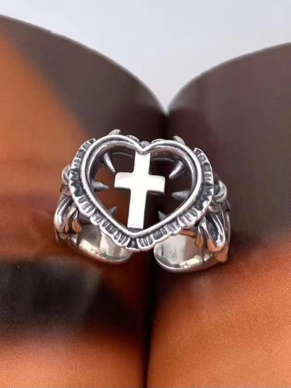 Jewelry Gothic Death Cross Heart Ring Size ONE SIZE - 6 Thumbnail