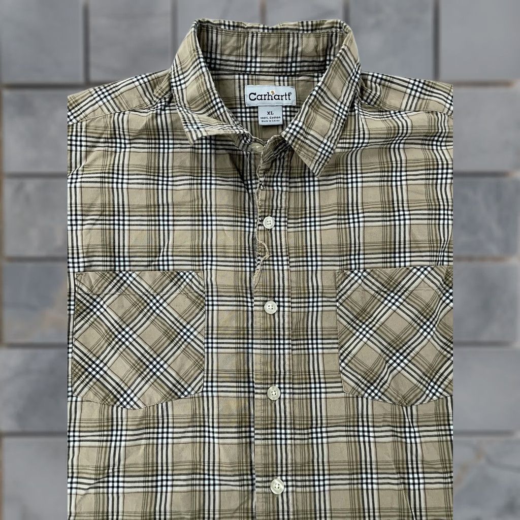 Carhartt VINTAGE Carhartt Shirt Mens XL Dark Tan Plaid Short Sleeve Button Up Workwear S245 DKT Size US XL / EU 56 / 4 - 1 Thumbnail