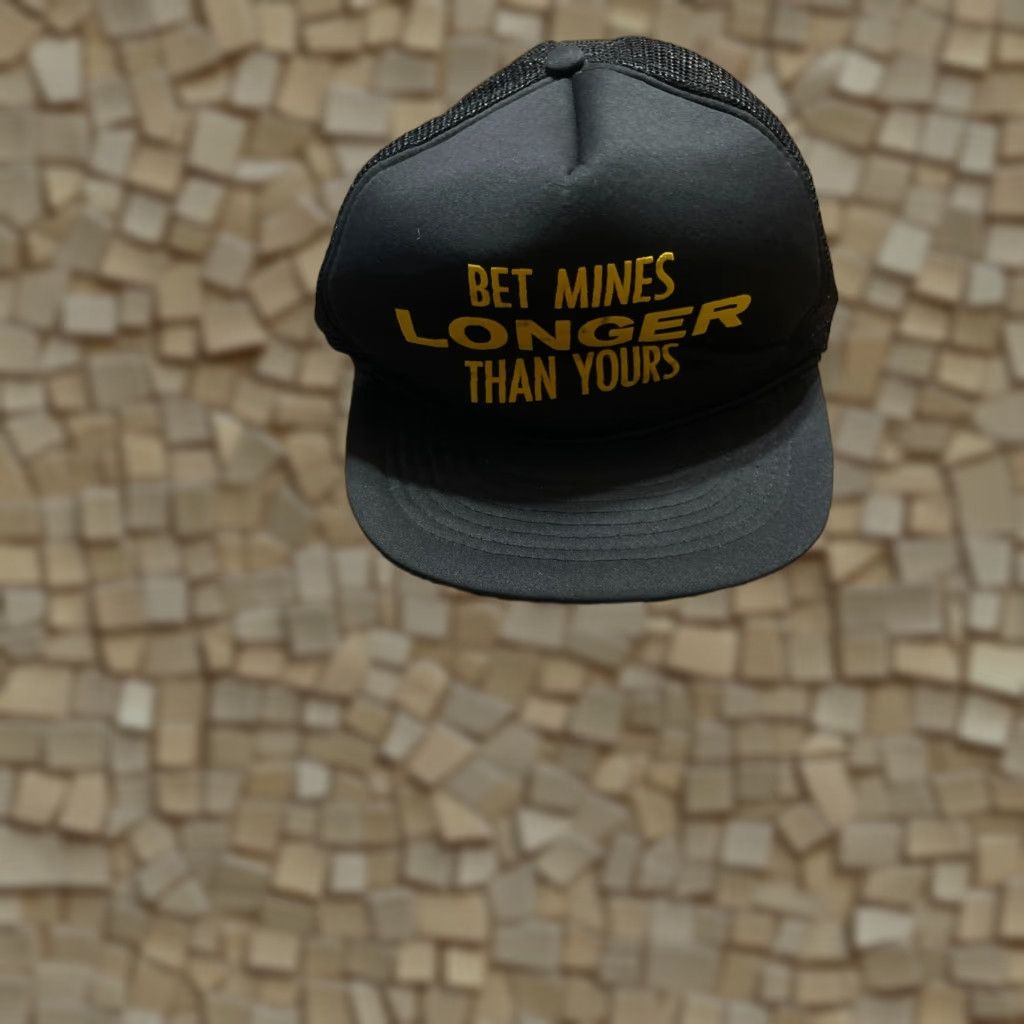 Vintage VINTAGE Flat Bill Trucker Hat Black Orange "Bet Mines Longer Than Yours" One Size Hat Size ONE SIZE - 1 Thumbnail