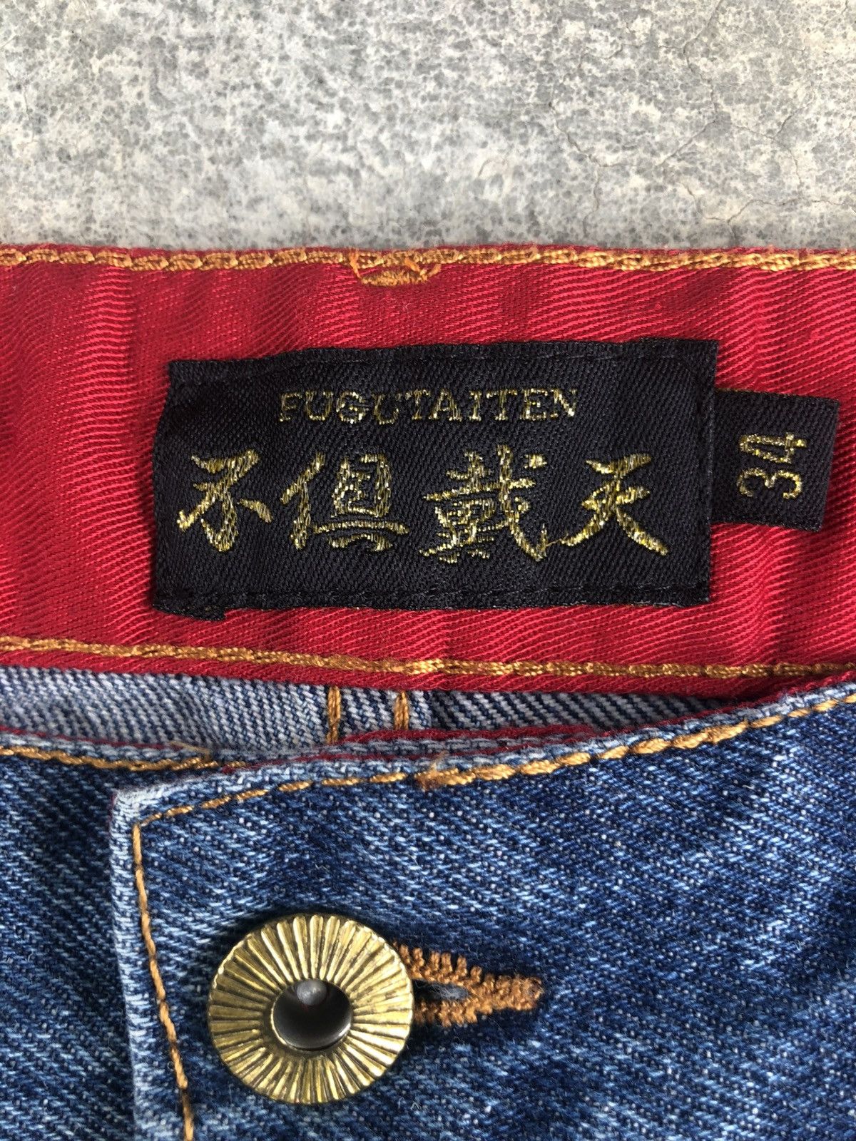 Japanese Brand Fugutaiten Embroidered Jeans Distressed Jeans Size US 33 - 20 Thumbnail