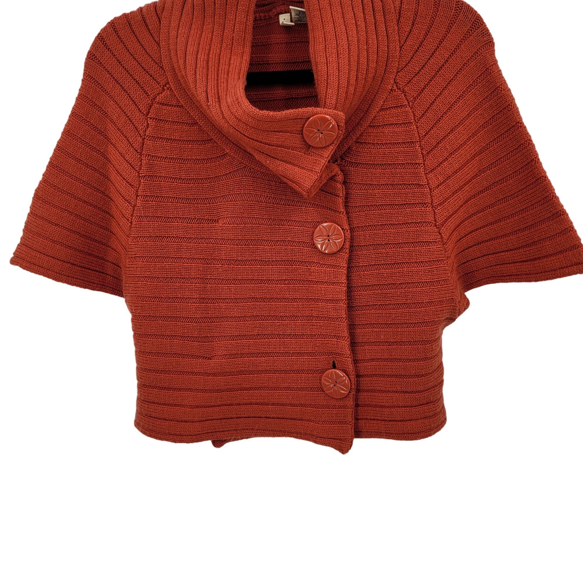 Designer Moth Rust Wool Ribbed Knit Poncho L High Collar Button Cardi Size L / US 10 / IT 46 - 5 Thumbnail