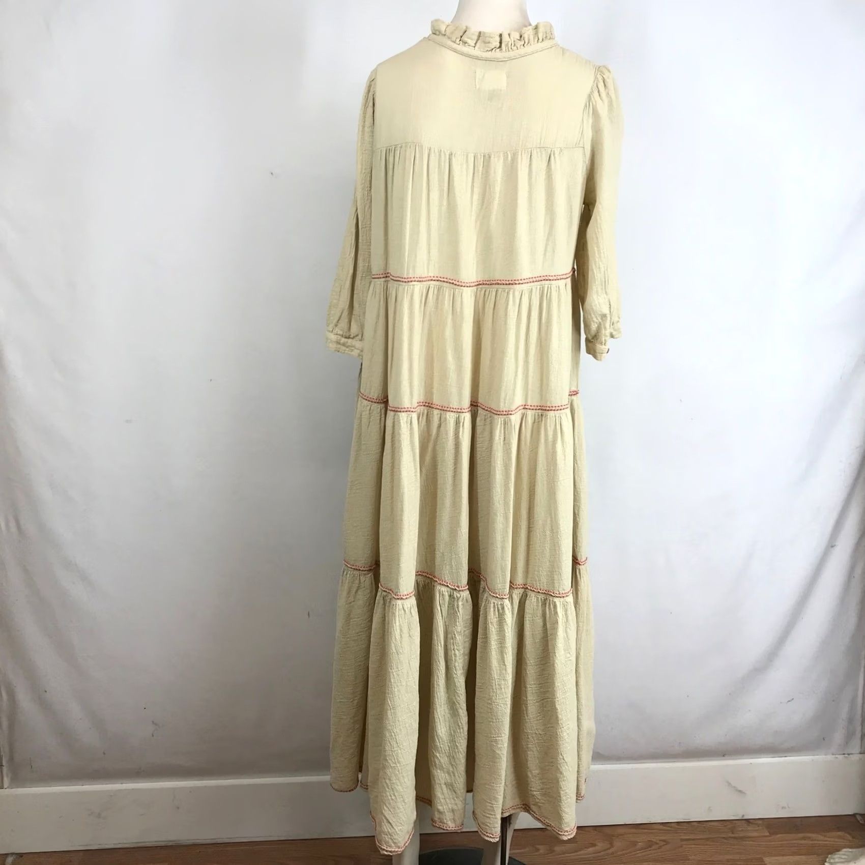 Vintage HONORINE Beige Tiered Maxi Dress Red Stitching Tie Neck Ruffle Collar XS Dress Size XS / US 0-2 / IT 36-38 - 5 Thumbnail
