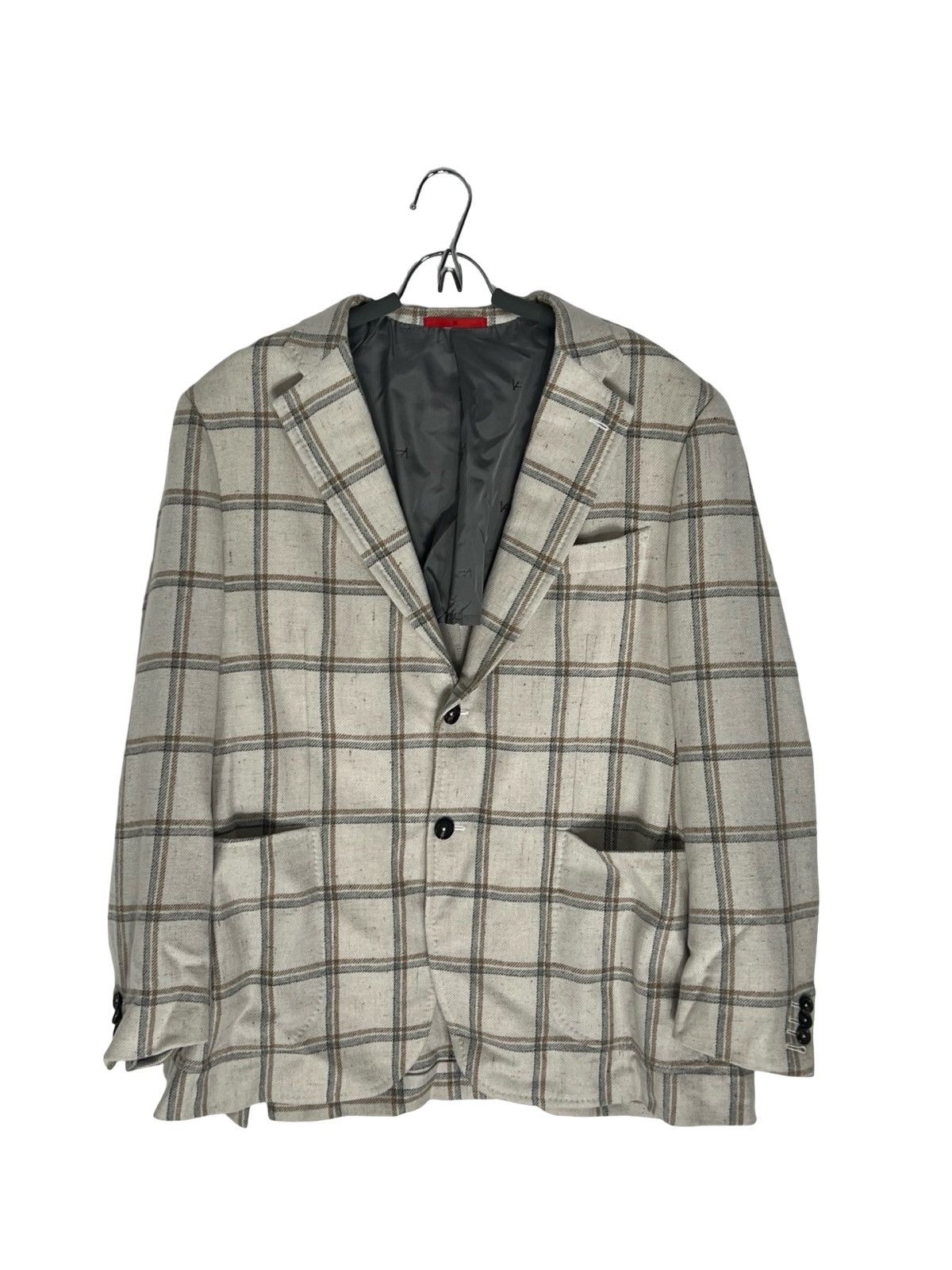 Isaia $6500 Isaia Napoli Beige Checkered Silk Plaid Blazer Size 52 Size 52R - 1 Thumbnail