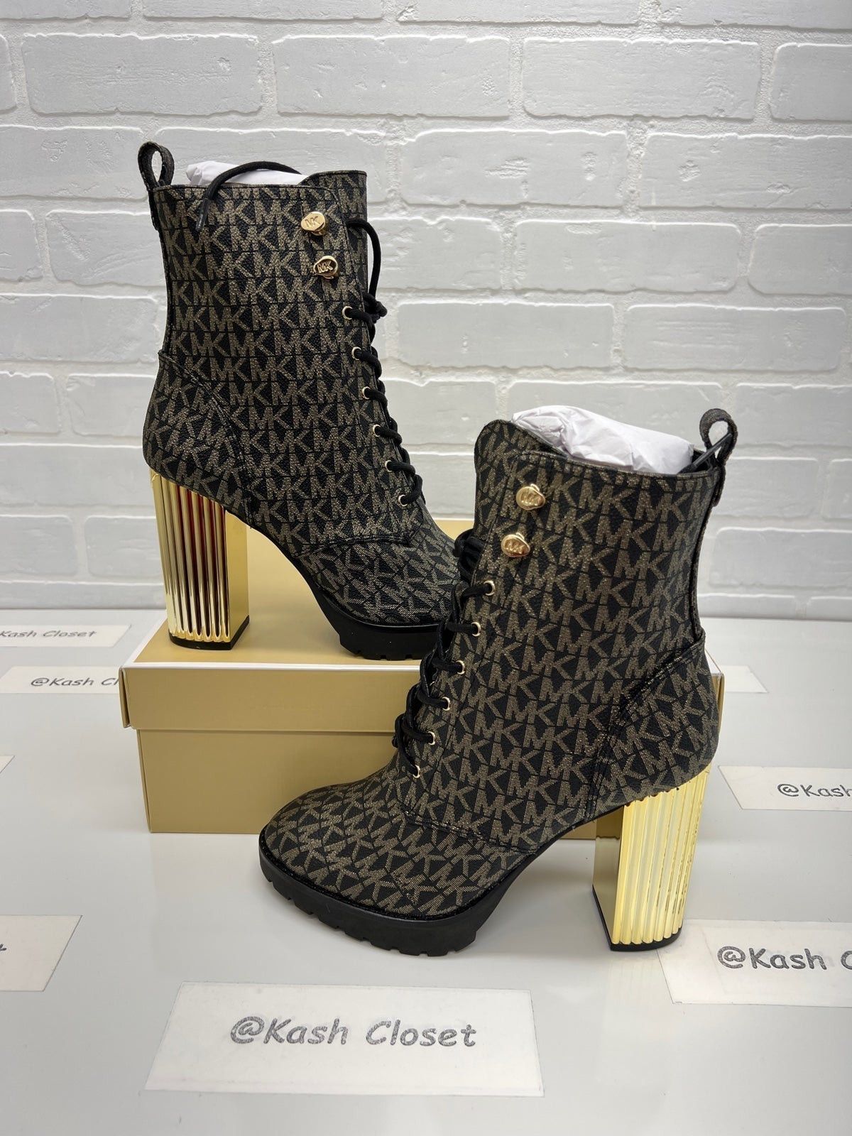 Michael Kors Boots Porter Logo Lace Up Boot Black Gold Size