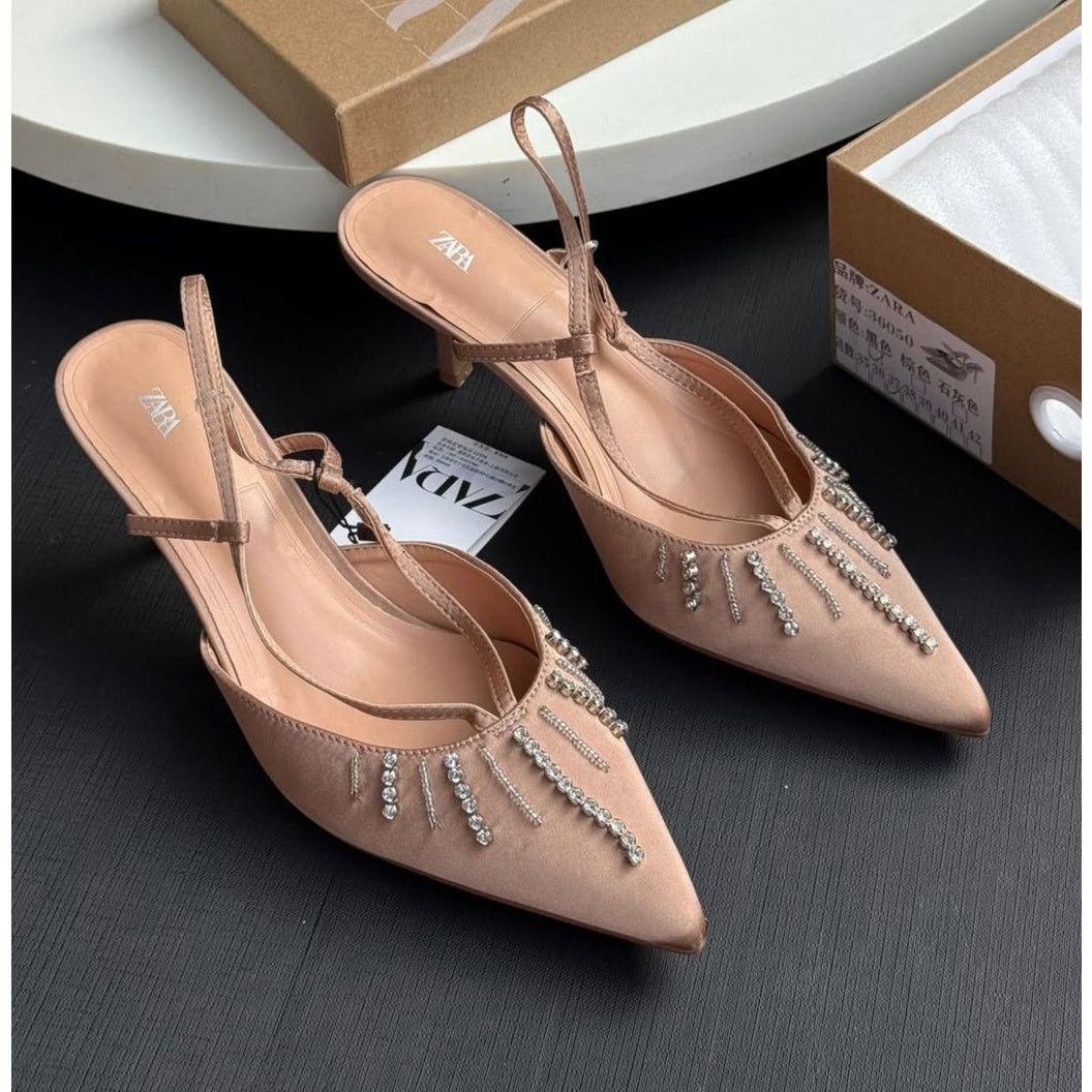 Zara ZARA Beige Rhinestone Slingback Heels NWT Size US 7.5 / IT 37.5 - 7 Thumbnail