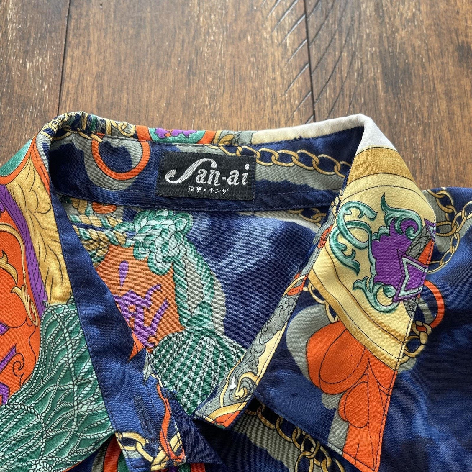 Vintage San-ai Shirt Womens XL Navy Baroque Chain Tassel Print Silky Size XL / US 12-14 / IT 48-50 - 6 Thumbnail