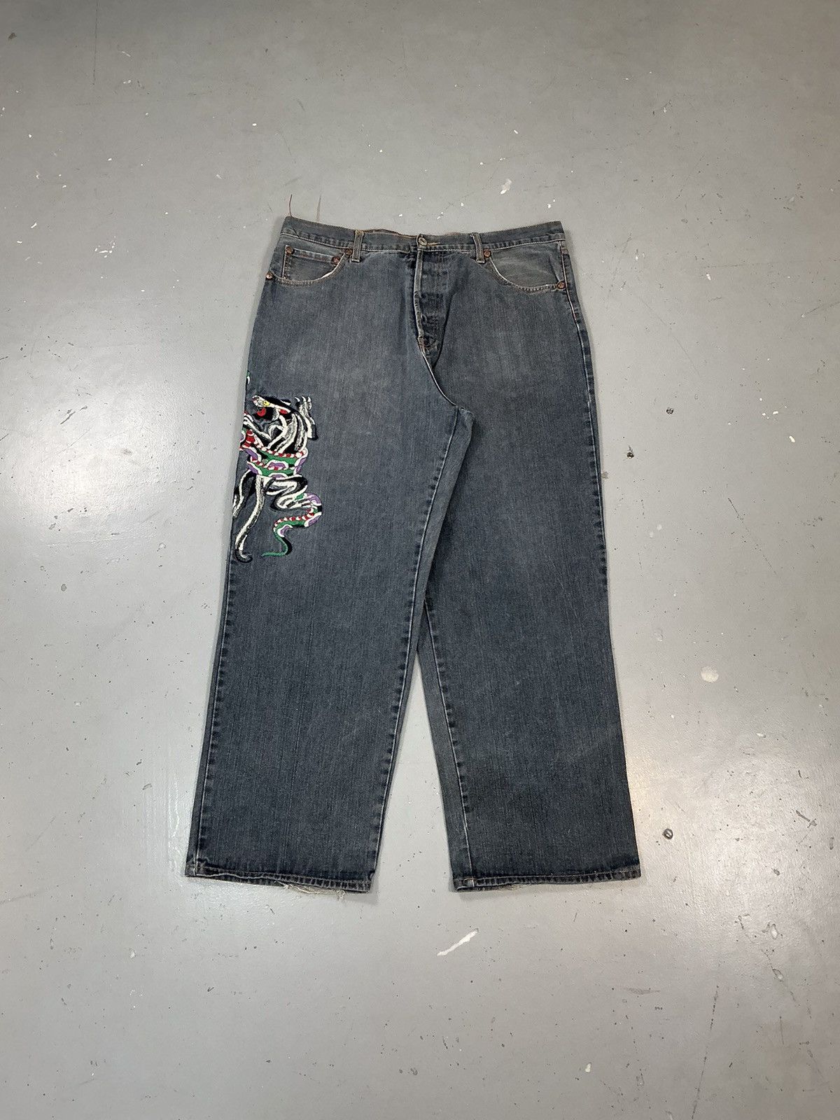 Ed Hardy × Vintage Vintage Edhardy crazy skull embroidered baggy denim Size US 42 / EU 58 - 3 Thumbnail