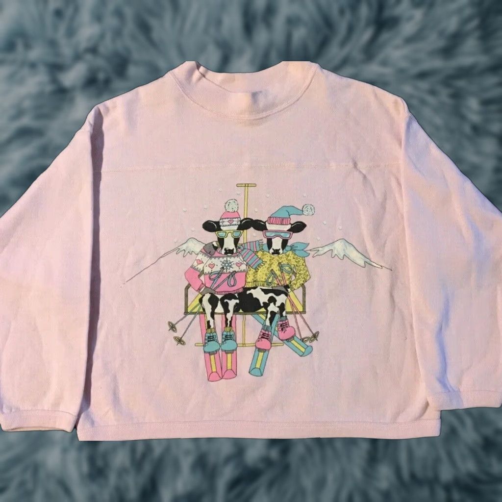 Vintage Vtg 80s Ski Cows Faded Crop Sweatshirt M Boxy Cartoon Funny Animal Grunge 90s Size M / US 6-8 / IT 42-44 - 1 Thumbnail