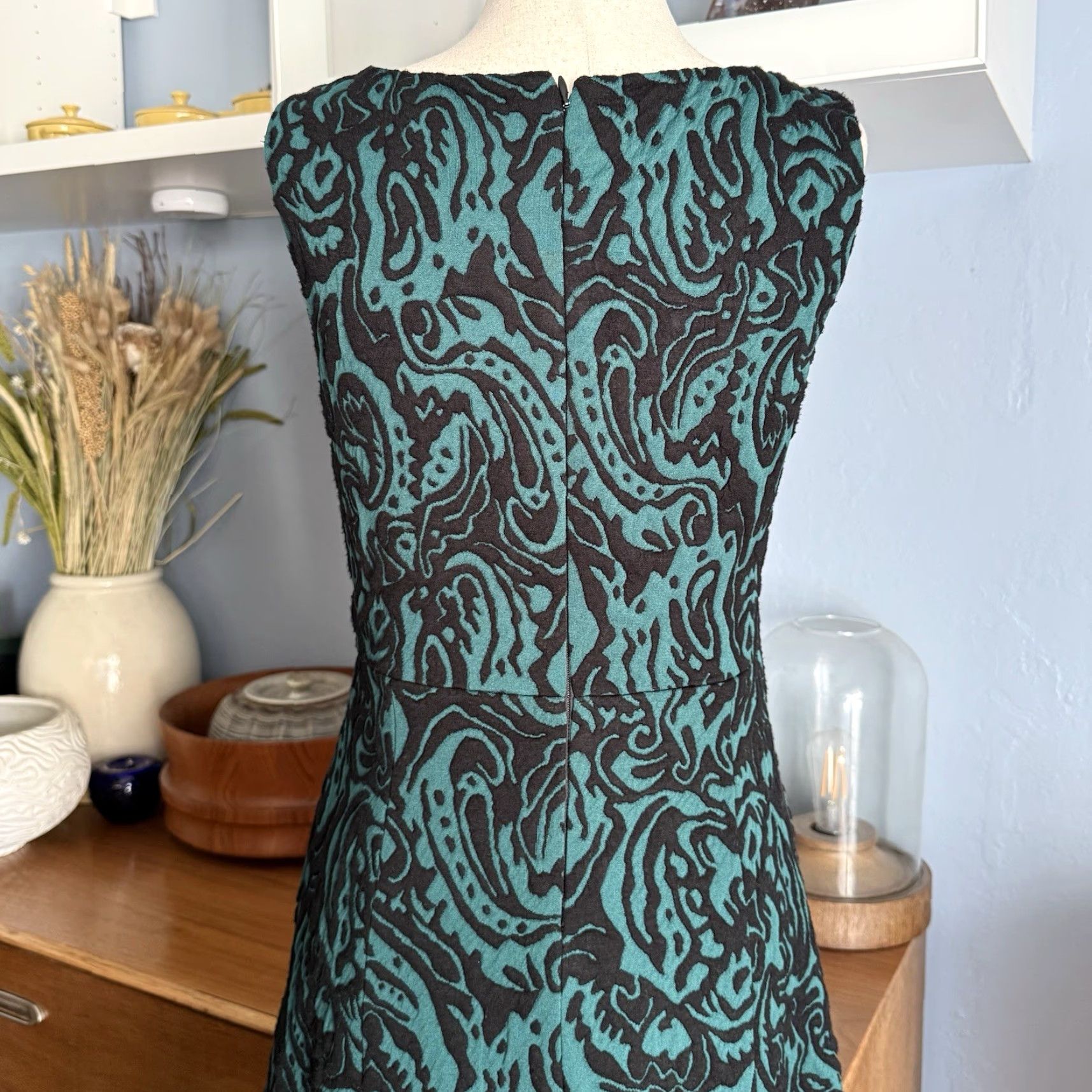 Vintage Catherine Malandrino Dress Jacquard Hi-Low Hem Midi Sleeveless V-Neck Zip Black Green Sz 2 Womens Size XS / US 0-2 / IT 36-38 - 7 Thumbnail