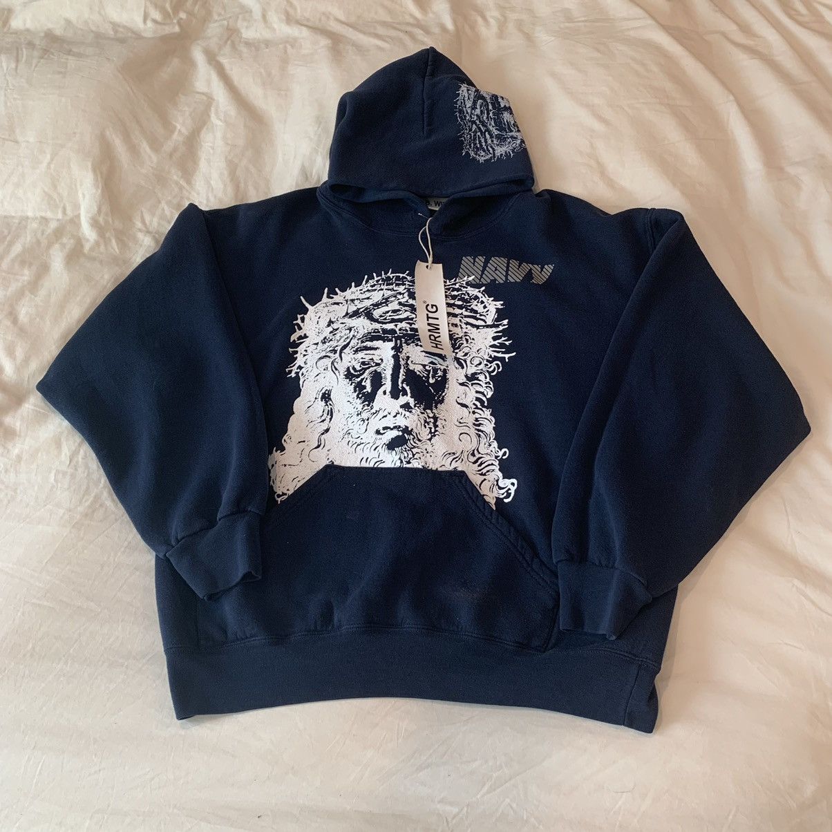 image of Hrmtg X Jack B Wiese Gesù Navy Hoodie Sweatshirt, Men's (Size Large)