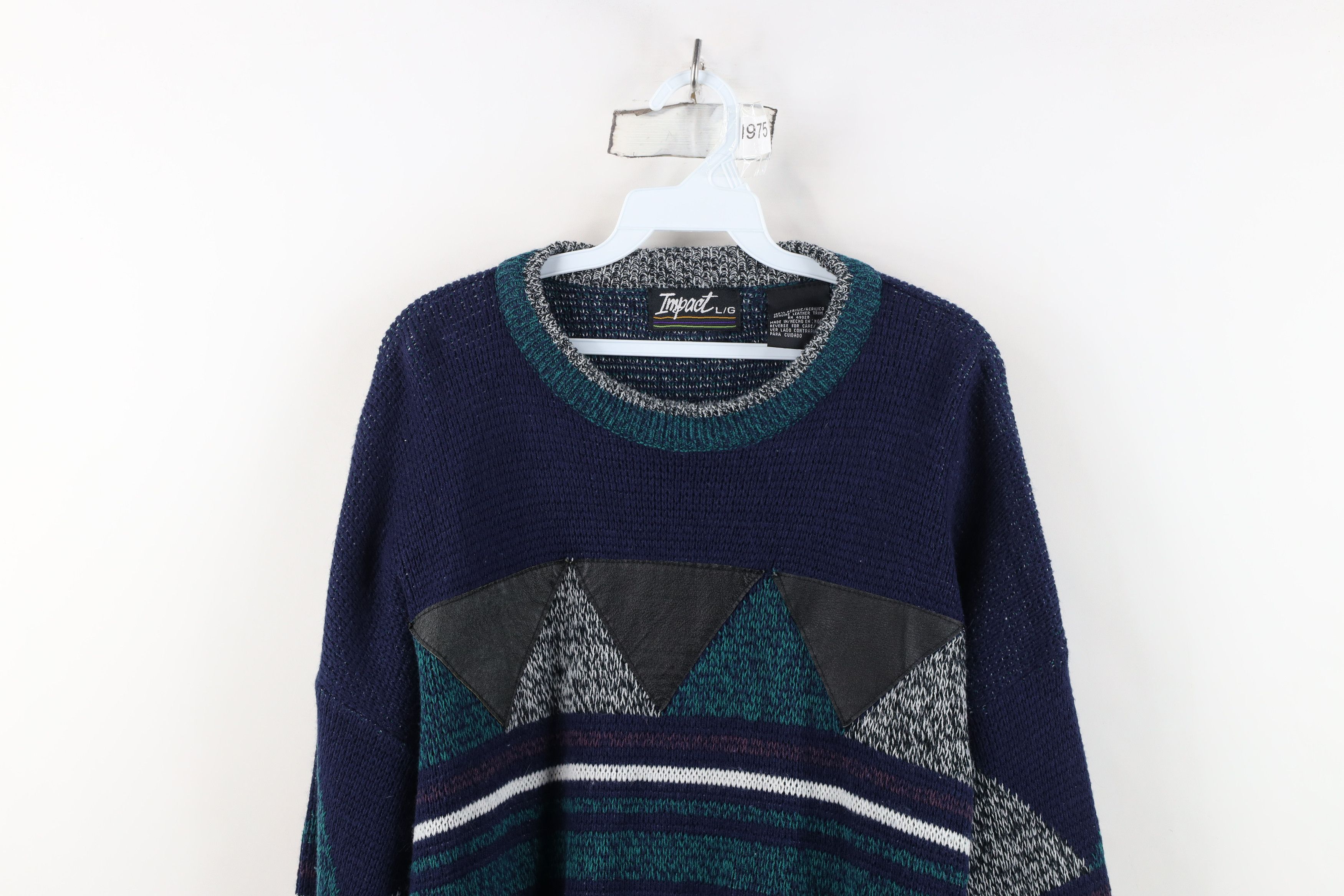 Vintage Vintage 90s Streetwear Geometric Leather Trim Knit Sweater Size US L / EU 52-54 / 3 - 2 Thumbnail
