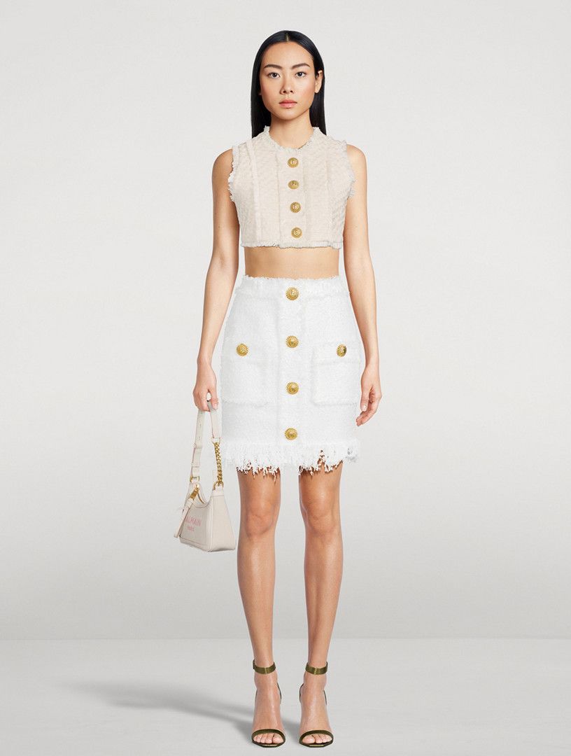 Balmain o1s1wg110725 Fringed Tweed Mini Skirt in White Size 28" / US 6 / IT 42 - 5 Thumbnail