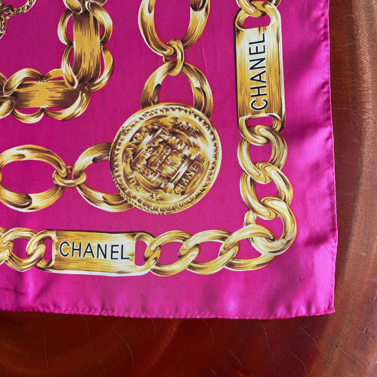 Chanel Vintage Chanel Pink Silk Scarf Gold Chain Link Pattern Size ONE SIZE - 3 Thumbnail