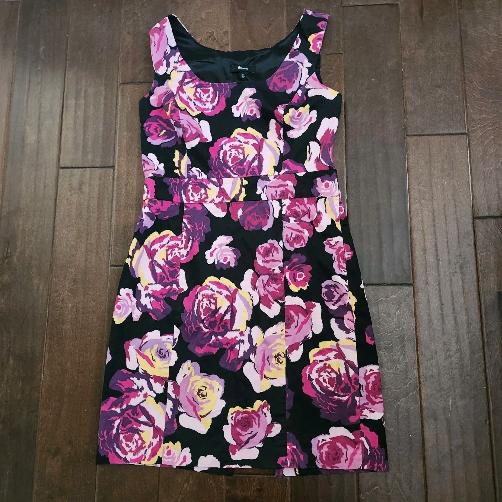Express VINTAGE Express Womens 12 Floral Fit Flare Dress Pink Black Size XL / US 12-14 / IT 48-50 - 2 Thumbnail
