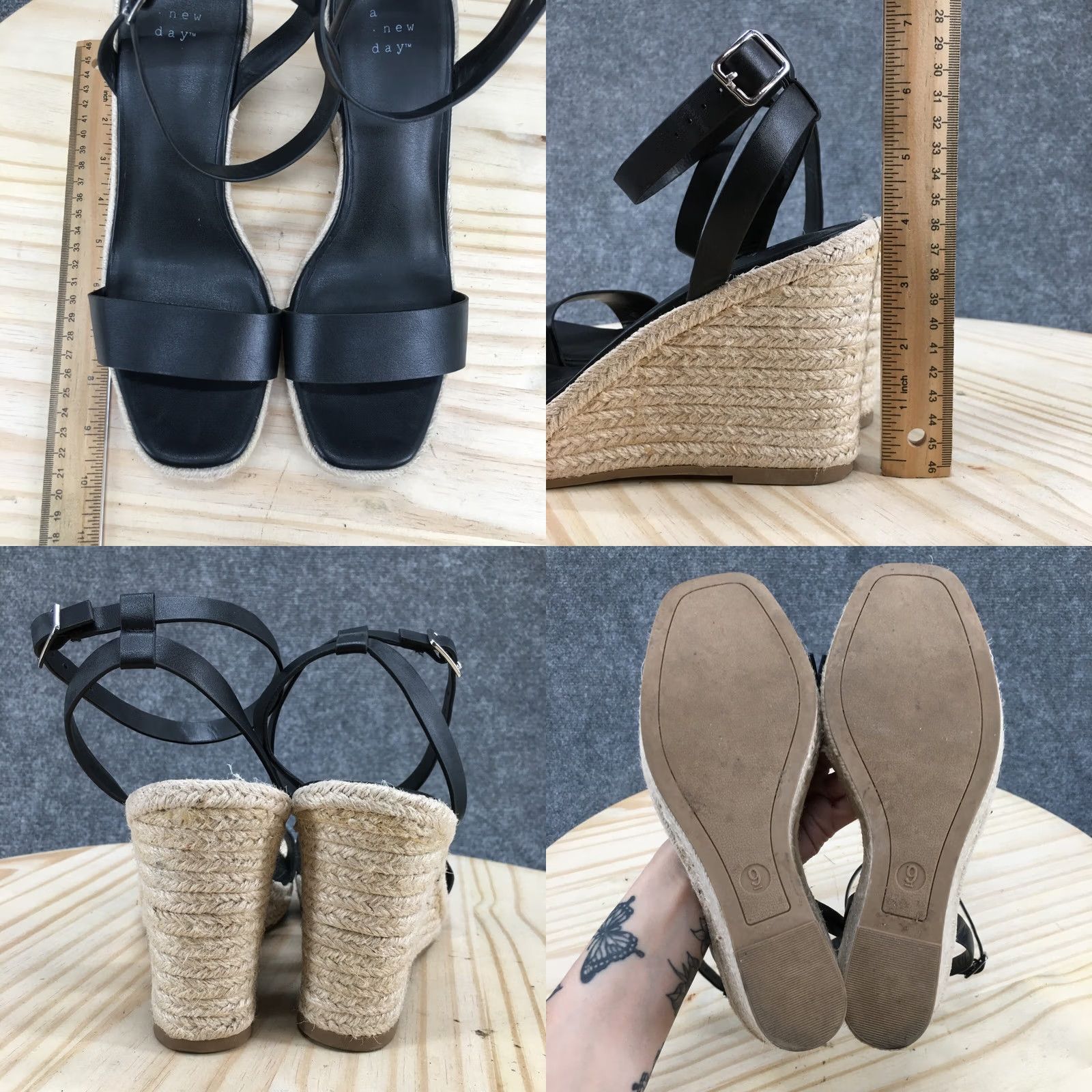 Vintage A New Day Sandals Espadrille Wedge Heels Ankle Strap Faux Leather Black 9 Womens Size US 9 / IT 39 - 8 Thumbnail