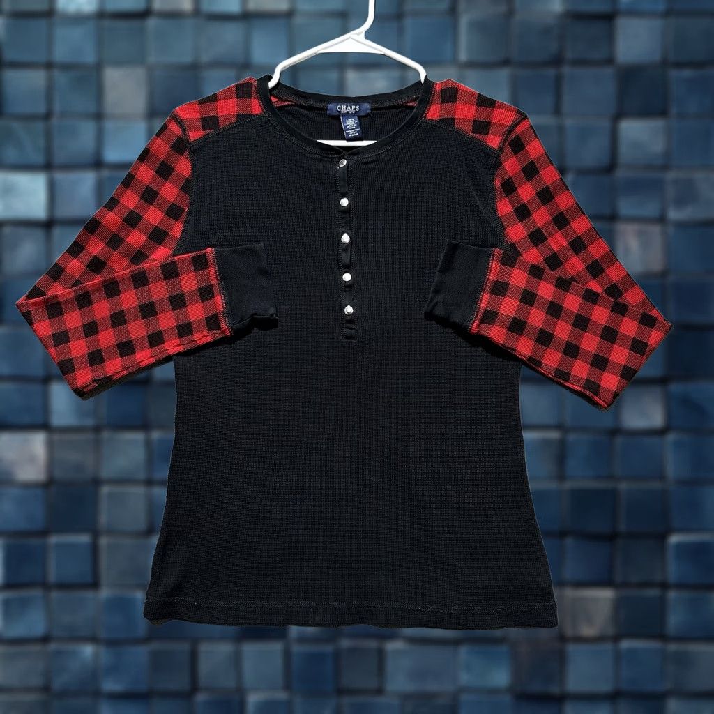 Chaps CHAPS Shirt Women L Thermal Waffle Knit Henley Snap Long Sleeve Buffalo Plaid Black Size L / US 10 / IT 46 - 1 Thumbnail