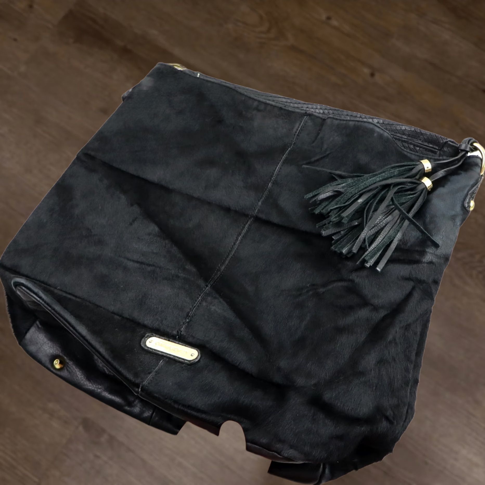 Cynthia Rowley CYNTHIA ROWLEY Leather Hair-On Hobo Bag Purse Damaged Vintage Large Black Casual Shoulder Bag Womens Size ONE SIZE - 1 Thumbnail