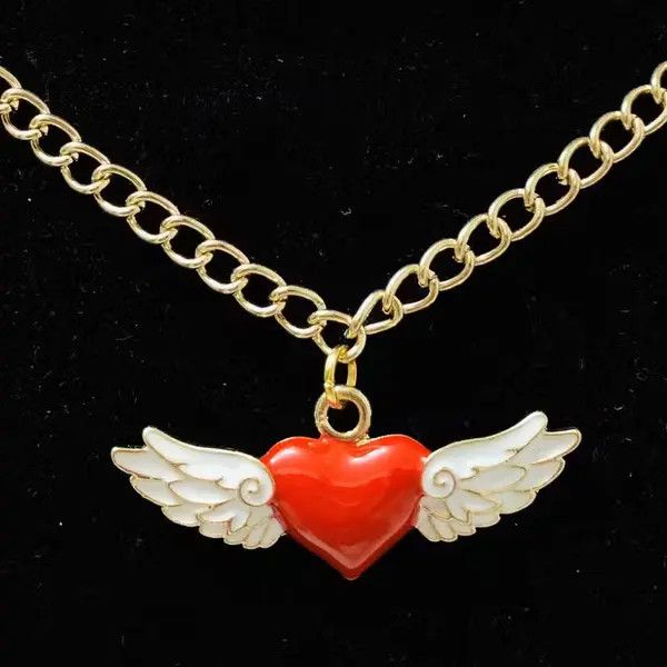 Japanese Brand Unisex Red Angel Heart Wings Curb Chain Choker Necklace Size ONE SIZE - 1 Thumbnail