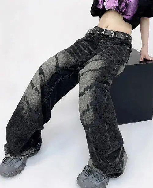 Jean Vintage Unisex Black Tie Dye Graffiti Pattern Jean Size US 30 / EU 46 - 2 Thumbnail