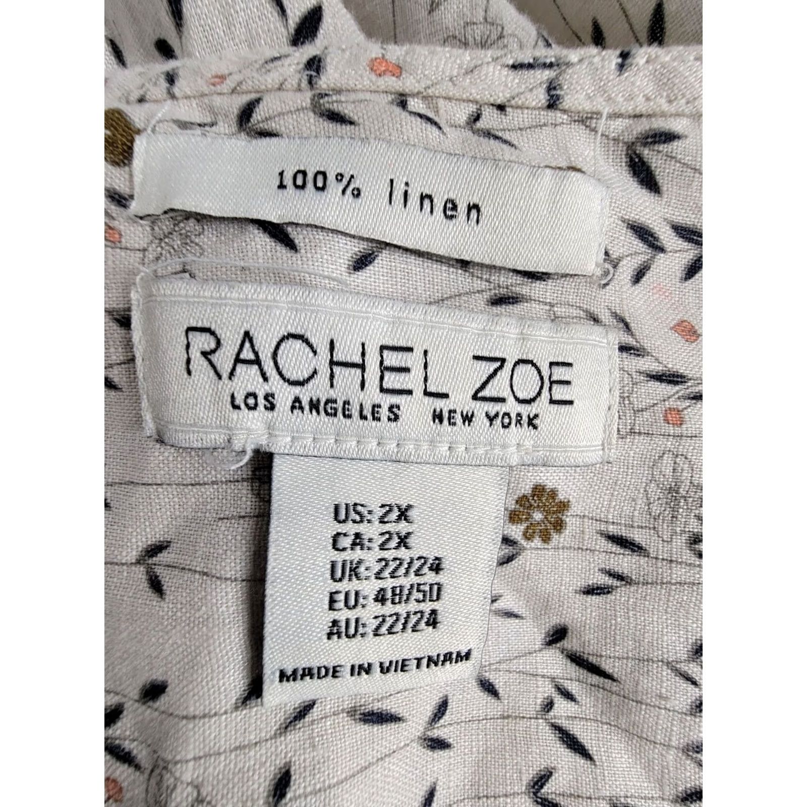 Rachel Zoe Rachel Zoe Womens Blouse 100% Linen Floral Print 3/4 Sleeves Button Down Top 2X Beige Lily Beach Bohemian Relaxed Mens Womens Boys Girls Size XXL / US 16-18 / IT 52-54 - 3 Thumbnail