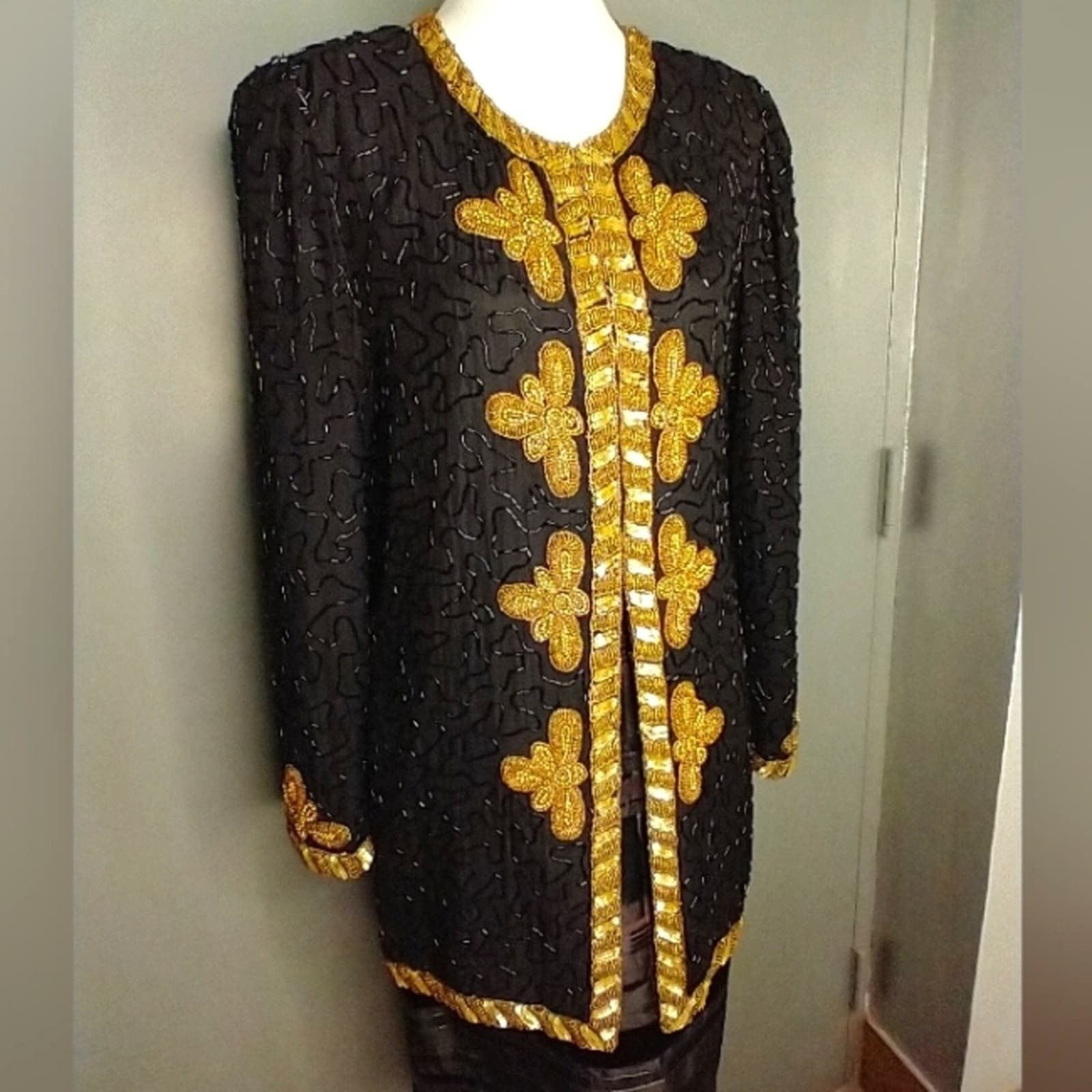 image of Vintage Kazar Beaded Sequin Gold Black Silk Long Evening Jacket Coat, Women's (Size Small)