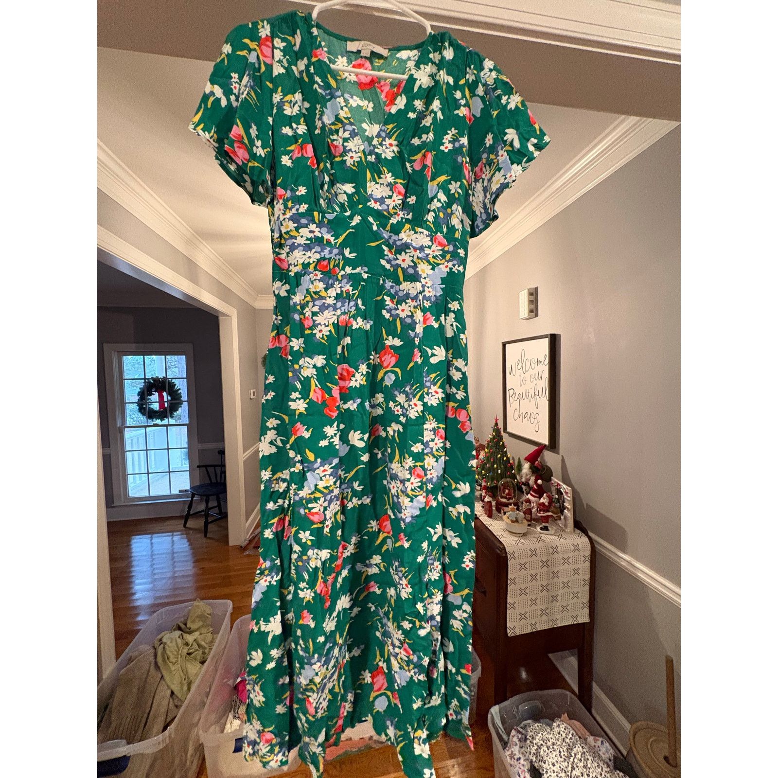 Loft LOFT Women’s Size 0 Green Floral Midi Dress Short Sleeve Size XS / US 0-2 / IT 36-38 - 4 Thumbnail