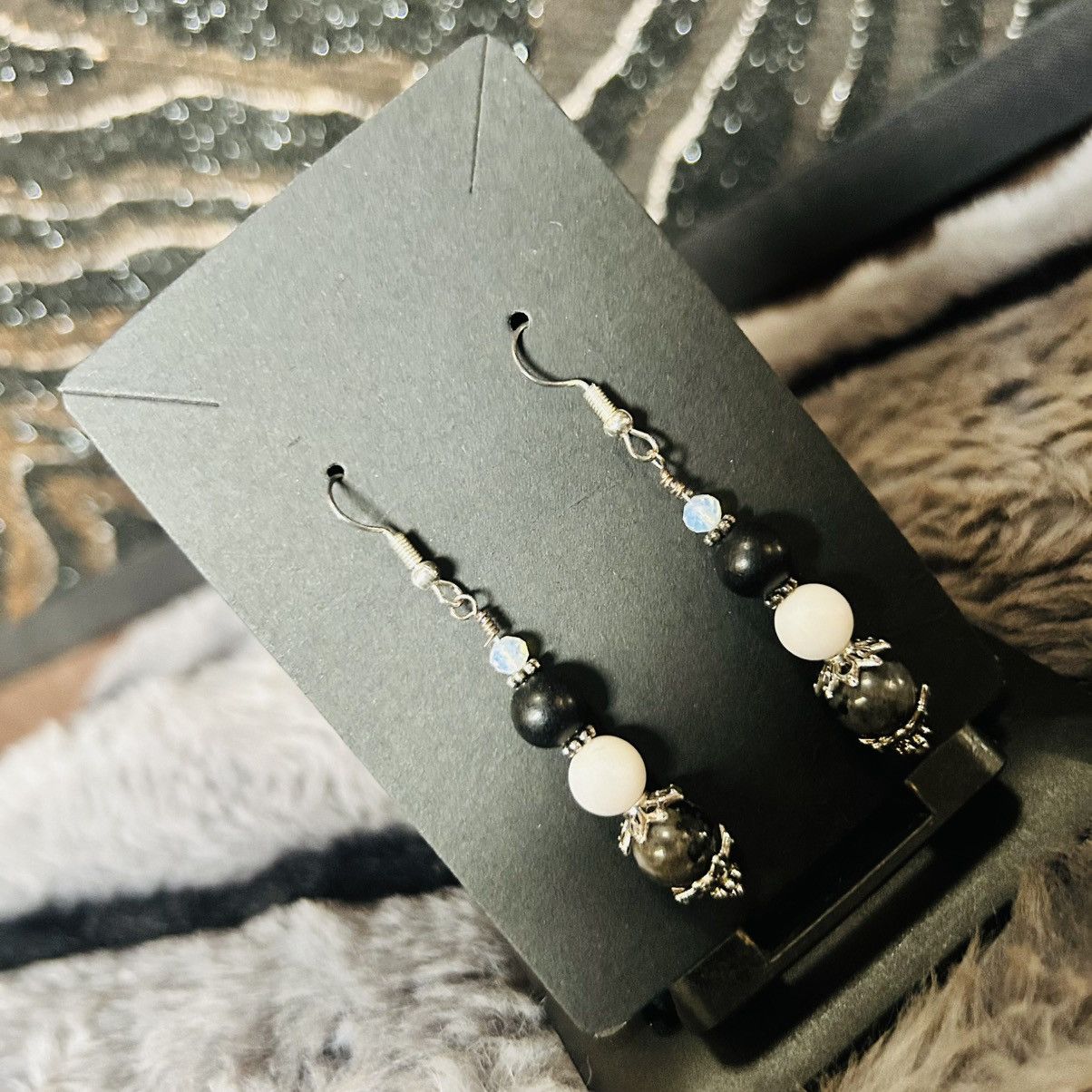 Handmade Handcrafted genuine larvikite vintage bead earrings Size ONE SIZE - 1 Thumbnail