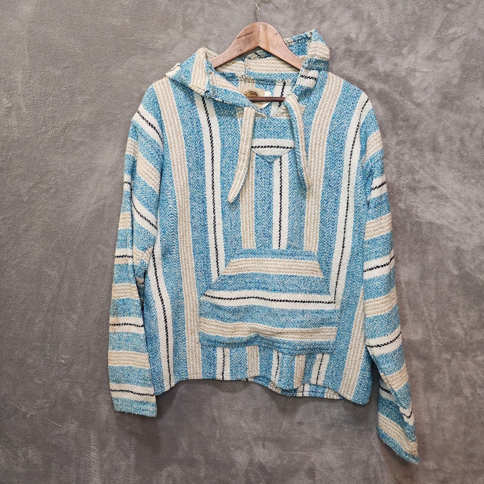 Earth Ragz Vintage Earth Rags Blue & White Poncho Men L, Mexican Size US L / EU 52-54 / 3 - 1 Thumbnail